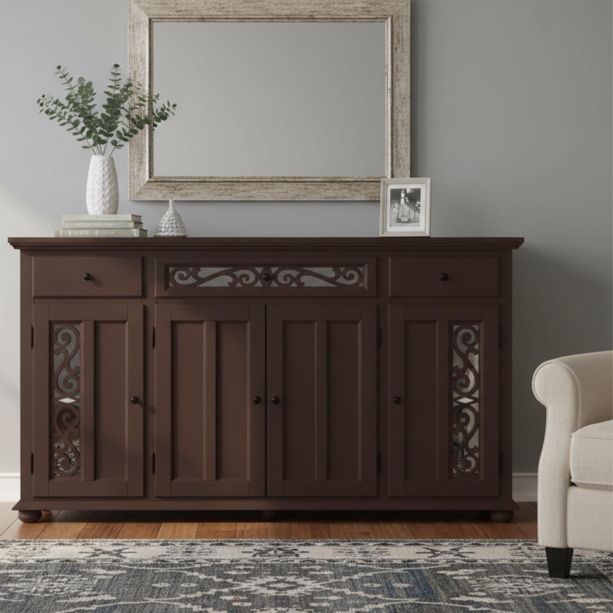 APRODZ Mango Wood Sideboard Cabinet with 3 Drawer Storage Organize Cabinet for Home Dinning Kitchen Living Room & Bedroom Multi Shelves Door Cabinets Hallway Dinning (Brownstone -Color)-image-45