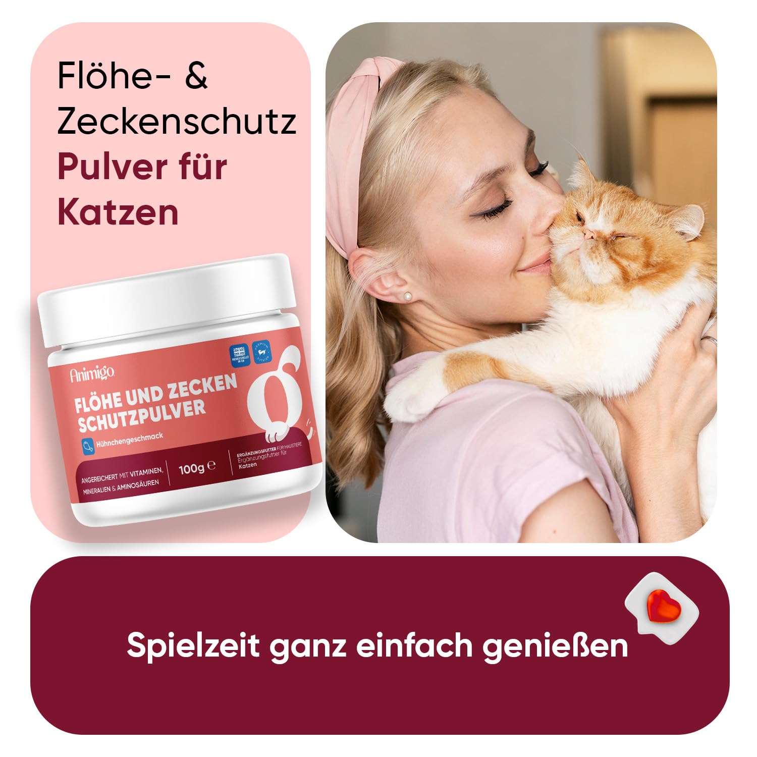 animigo Flohpulver - Zeckenschutz für Katzen - 100 g Pulver - Mit zusätzlichen Vitaminen, Mineralien & Aminosäuren wie Bierhefe, Zink, Vitamin B3, B1 & B2 - Hühngeschmack - Flohmittel Katzen