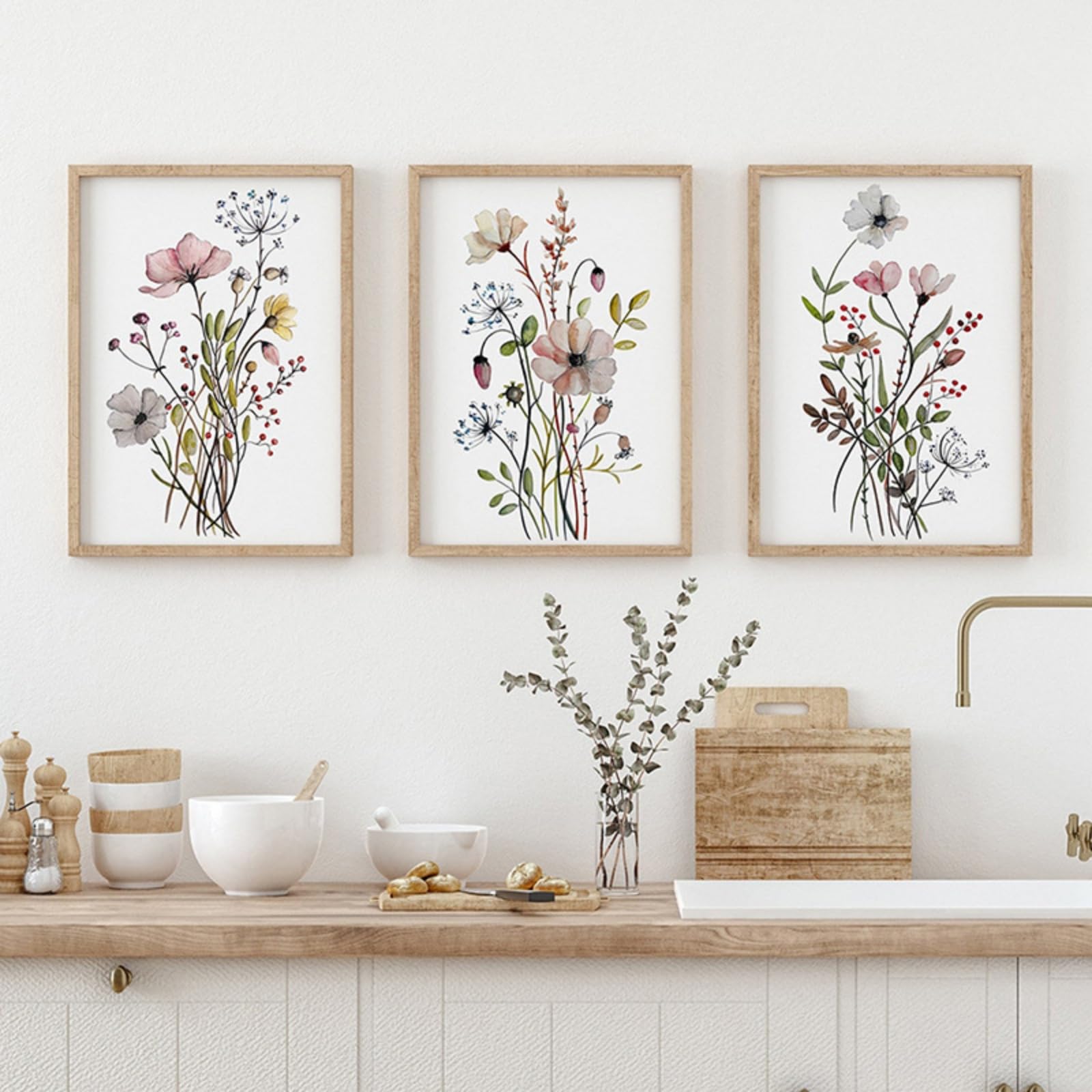 JORCEDI Pink Wildflower Canvas Wall Art Set of 3, Watercolour Botanical Posters Minimalist Floral Prints for Bedroom Living Room Decor, 21x30-50x70cm, Unframed (21x30 cm,A)