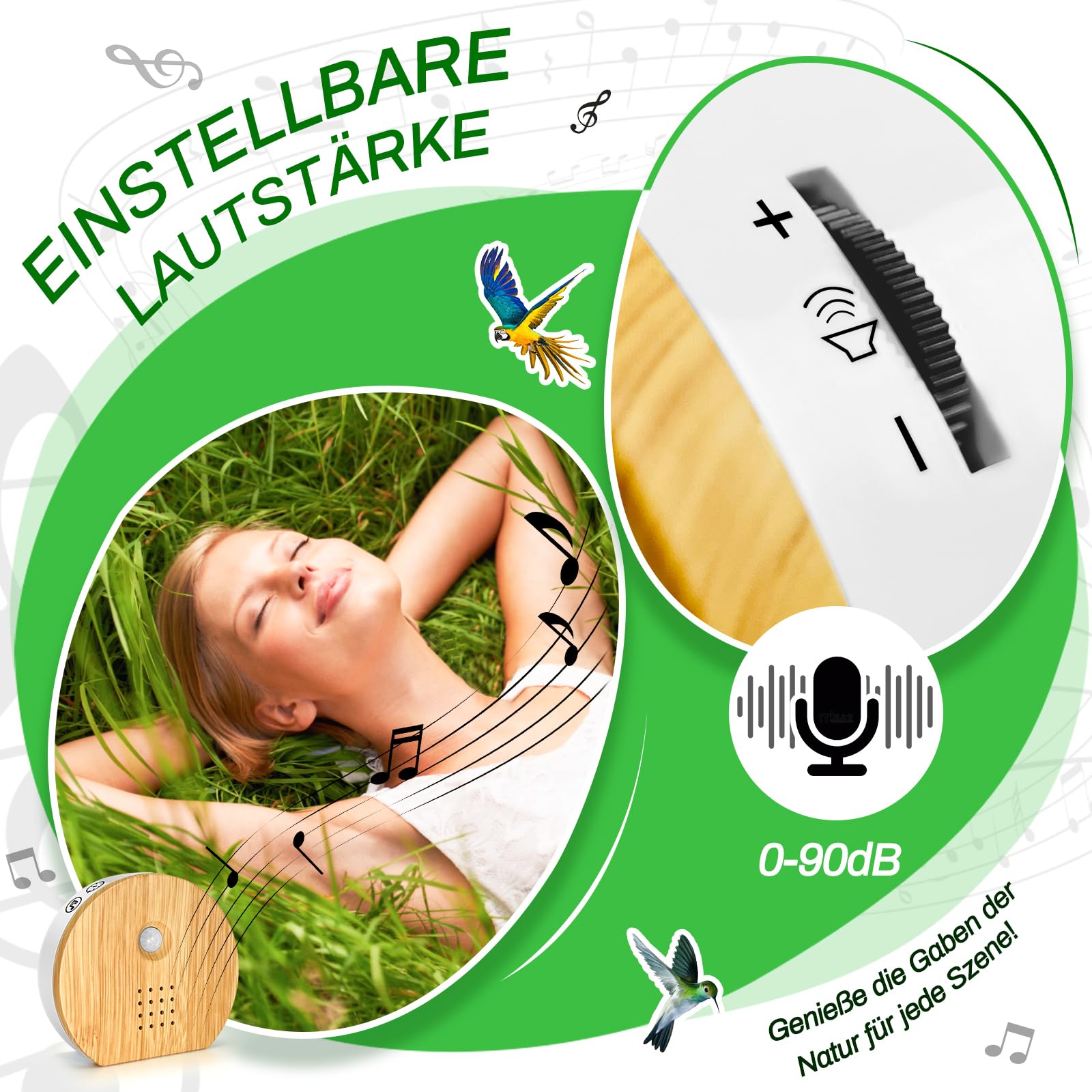 Vogelgezwitscher Bewegungsmelder Box, Rodukee Vogelzwitschern Naturgeräusche mit Timer, Vogelzwitschern mit 9 Vogelgesäng, Lautstärkeregelung 0-90dB, Bachgeflüster, Meeresrauschen für Spa Entspannung