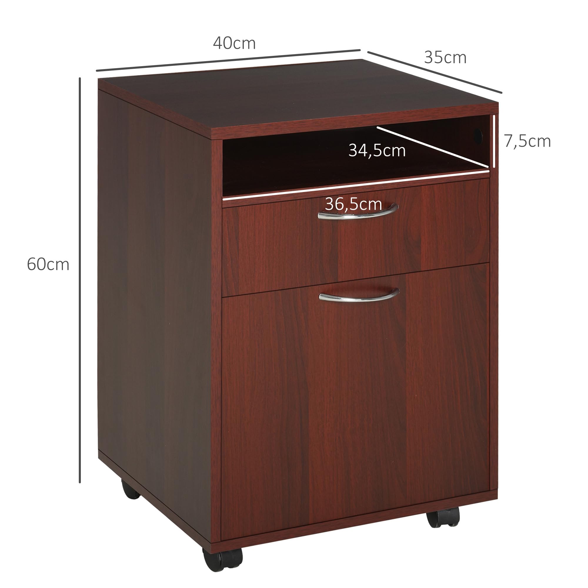 HOMCOM Cassettiera da scrivania con ruote, cassettiera da ufficio con cassetto, vano, porta, raccoglitore mobile per studio, soggiorno, 40 x 35 x 60 cm, caffè scuro