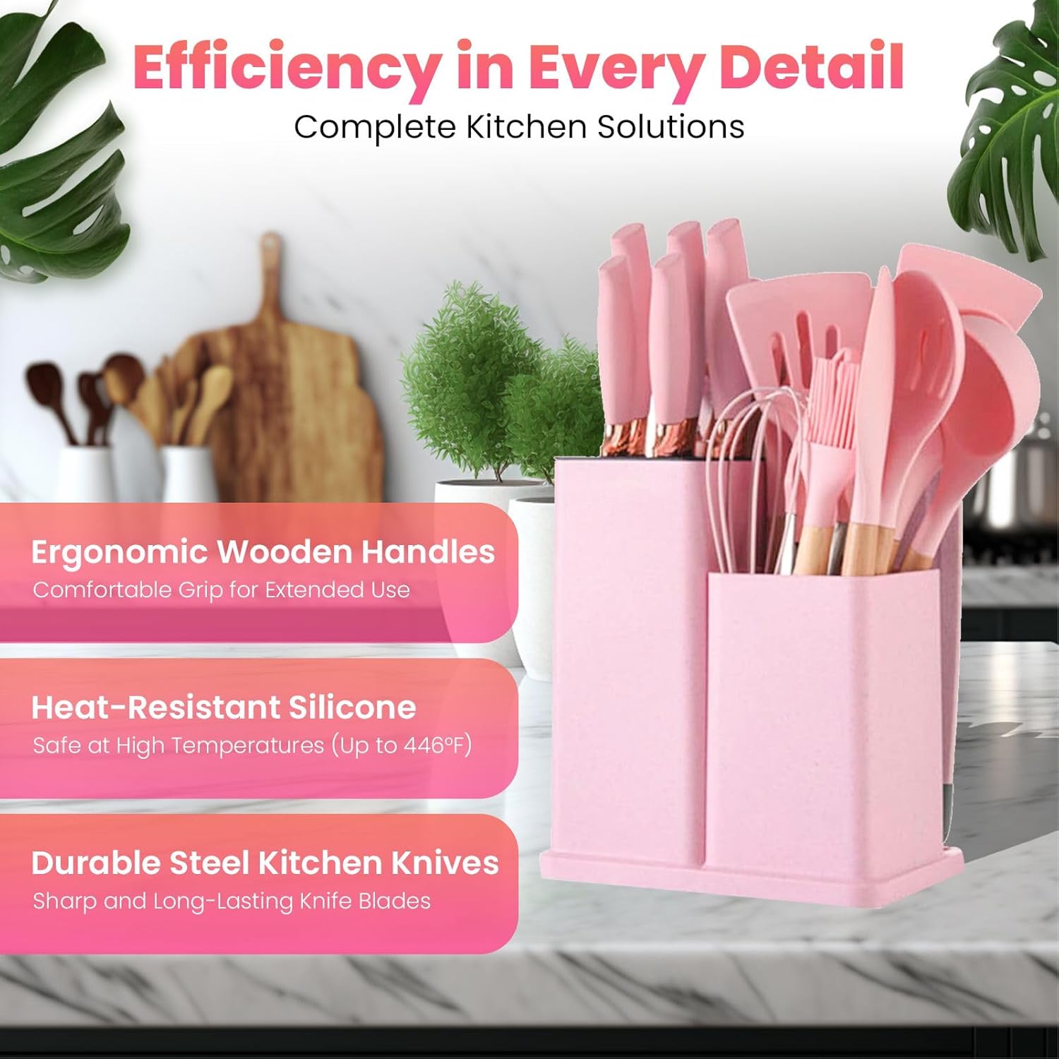 Pink Silicone Cooking Utensils, Non-stick Kitchen Set, Wooden Handle Non Toxic BPA Free