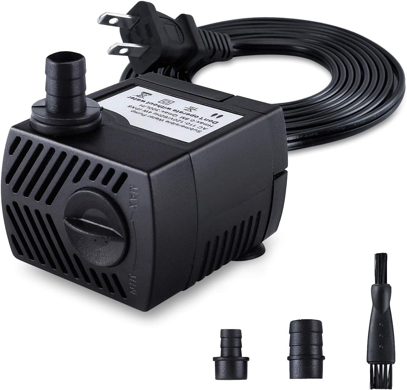 Fountain Pump, 80GPH(4W 300L/H) Submersible Water Pump, Durable Outdoor Fountain Water Pump with 7.2ft（2.2m） Power Cord, 3 Nozzles for Aquarium, Pond, Fish Tank, Water Pump Hydroponics, Fountain