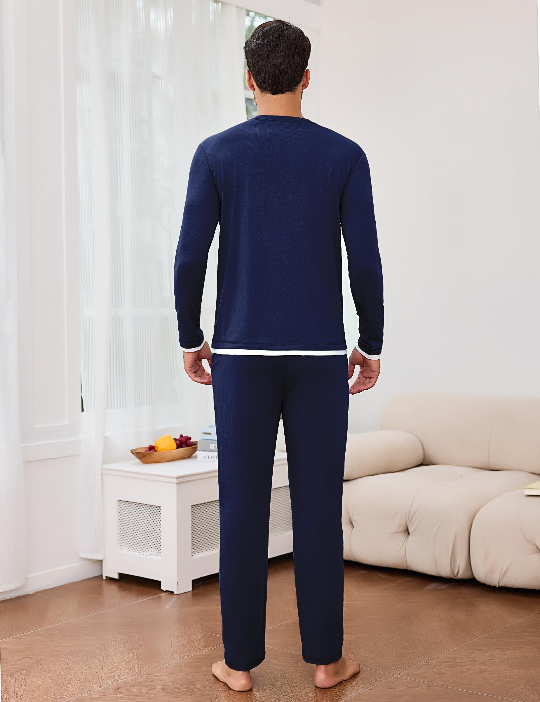 Litherday Pigiama Uomo Invernale Cotone Lungo Pajamas Due Pezzi Maniche Lunghe Pantaloni Lunghi Pigiami Morbido Loungewear con Tasche