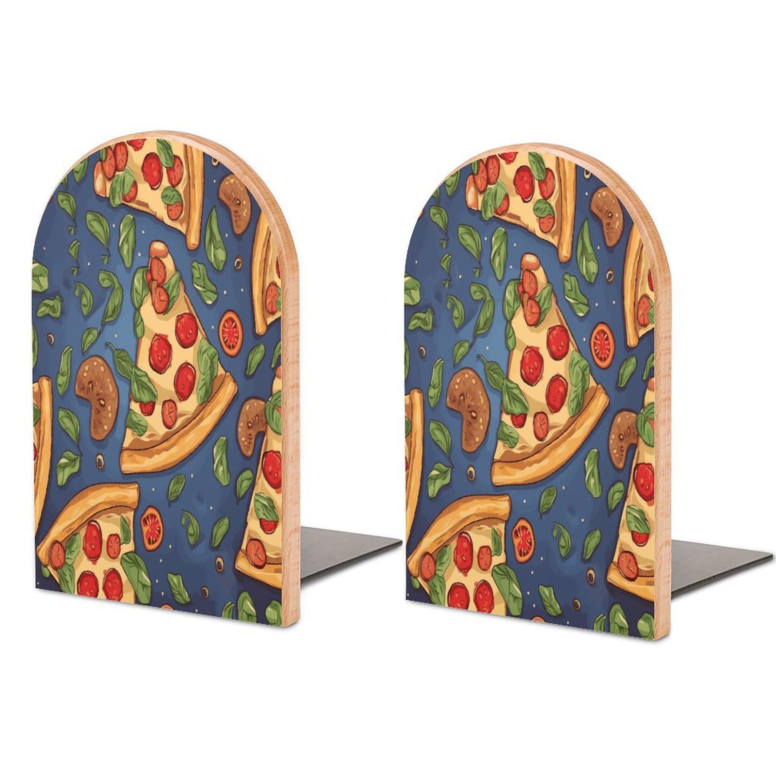 Pizza Bookend for Shelves Non-Skid Book Holder Modern Heavy Duty Bookend Stopper Metal Base Wood Book End Books Shelf Holder Home Decorative 1pair 5x3.9x3.1