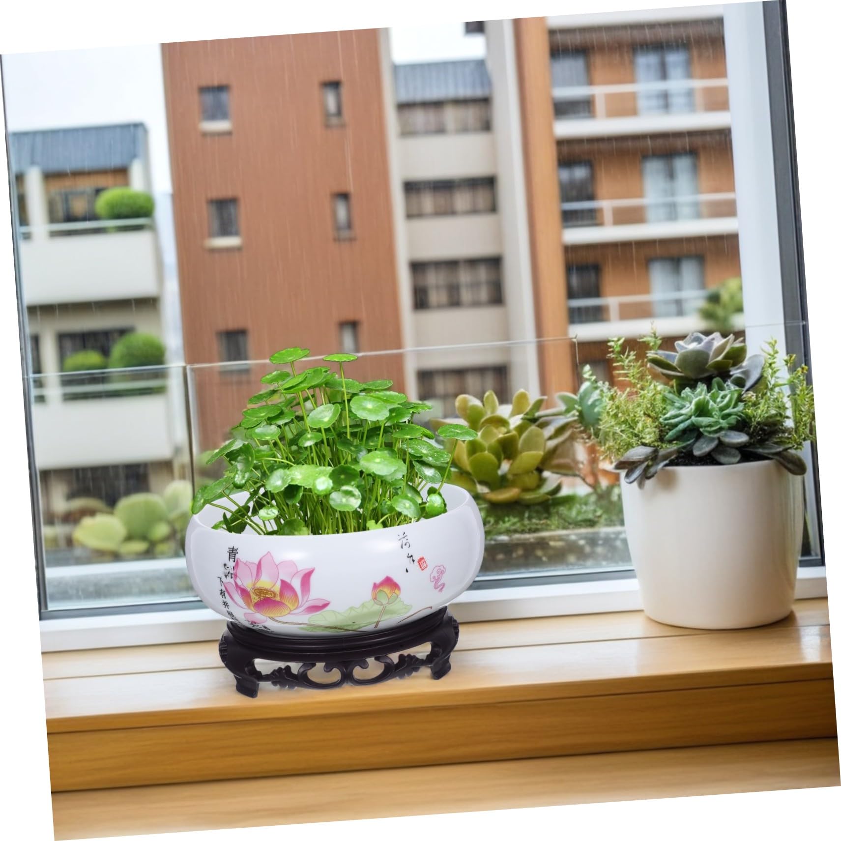 TOYANDONA Ceramiczny Ozdobny Doniczka Do Kwiatów Wodnych z Motywem Lotosu Bezotworowy Hydroponiczny Rośliny Wodne z Podstawką Niebiesko Biała Porcelana Do Dekoracji Wnętrz