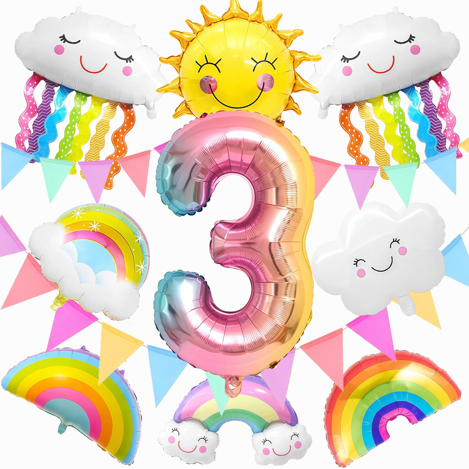 11 Stück Regenbogen Deko Kindergeburtstag Set,Luftballon 3,Folienballon 3 Geburtstagsdeko Mädchen,Aluminium Folie Sonne Ballon,Kindergeburtstag Party Dekoration,Geburtstagsparty Zubehör (3)
