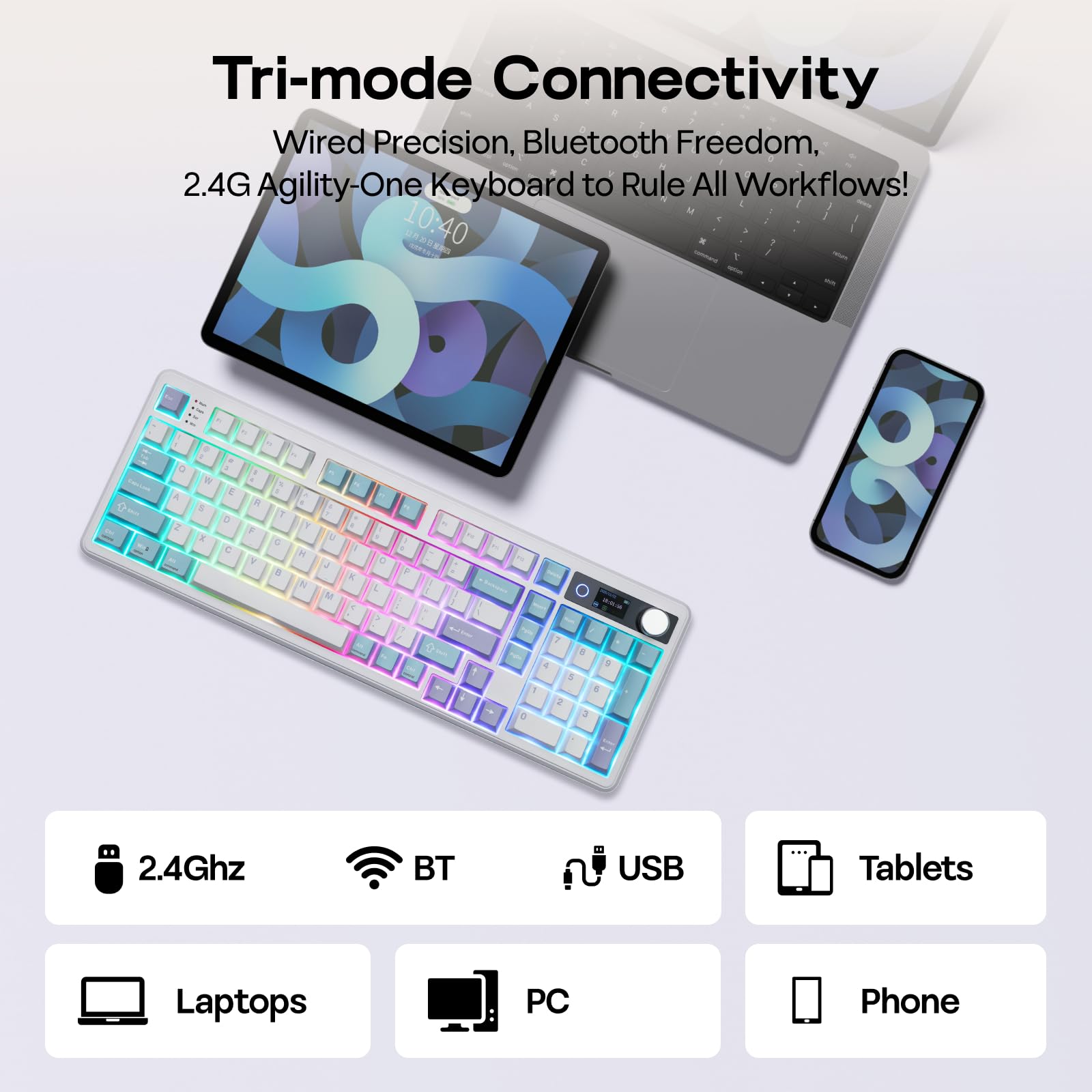 EPOMAKER TH99 Pro Teclado Gaming Mecánico Inalámbrico de 96% con Pantalla y Perilla, 10000mAh, 2.4GHz/BT, Hot-Swap, Driver Personalizado, RGB, Teclas PBT, Gasket, para PC/Mac (Blanco, Creamy Jade)