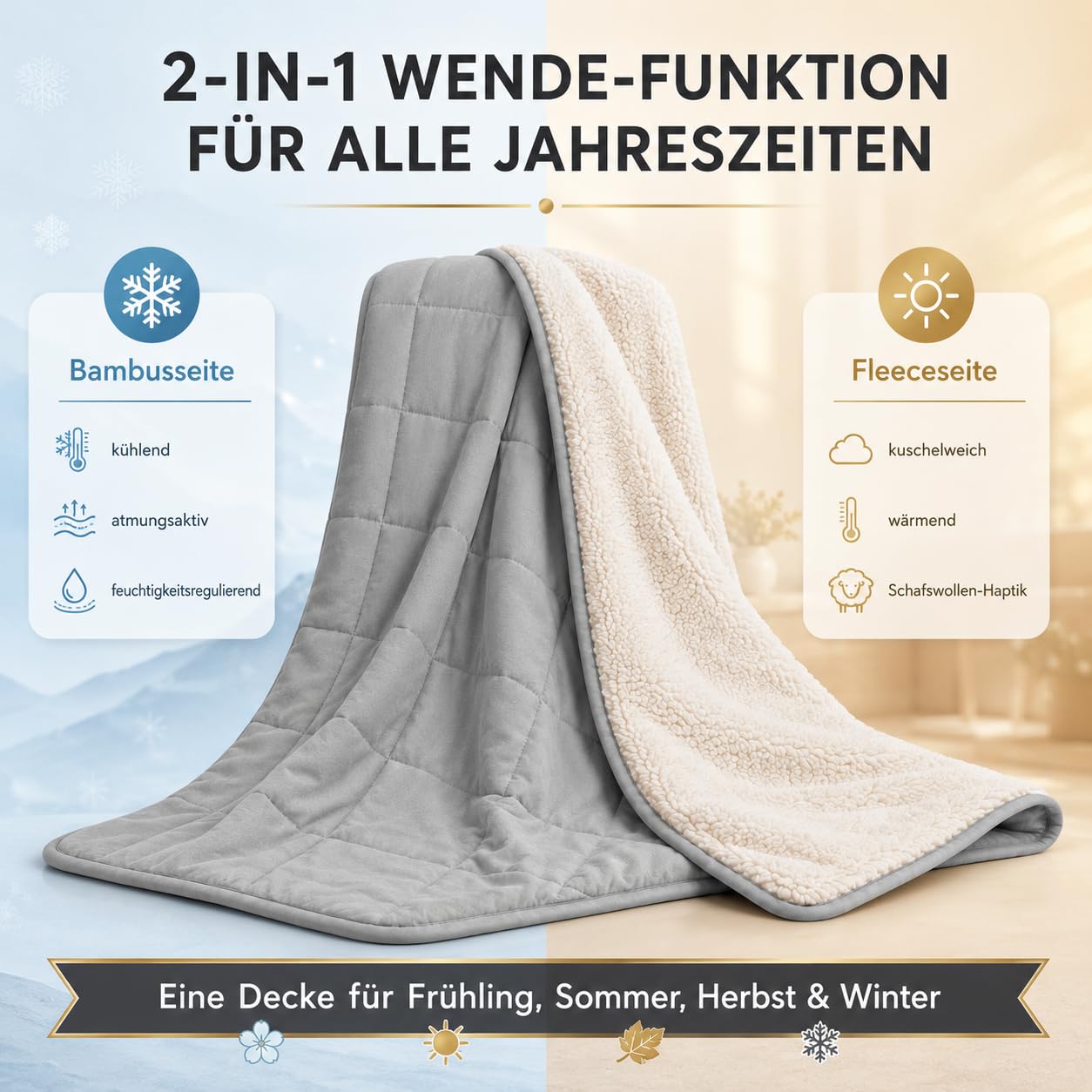 Gewichtsdecke - Weighted Blanket & Therapiedecke 2in1 kühlend & wärmend - Schwere Decke gegen Schlaflosigkeit, Stress & Angst - Bambusfaser Fleece mit Glasperlen - Oeko-TEX