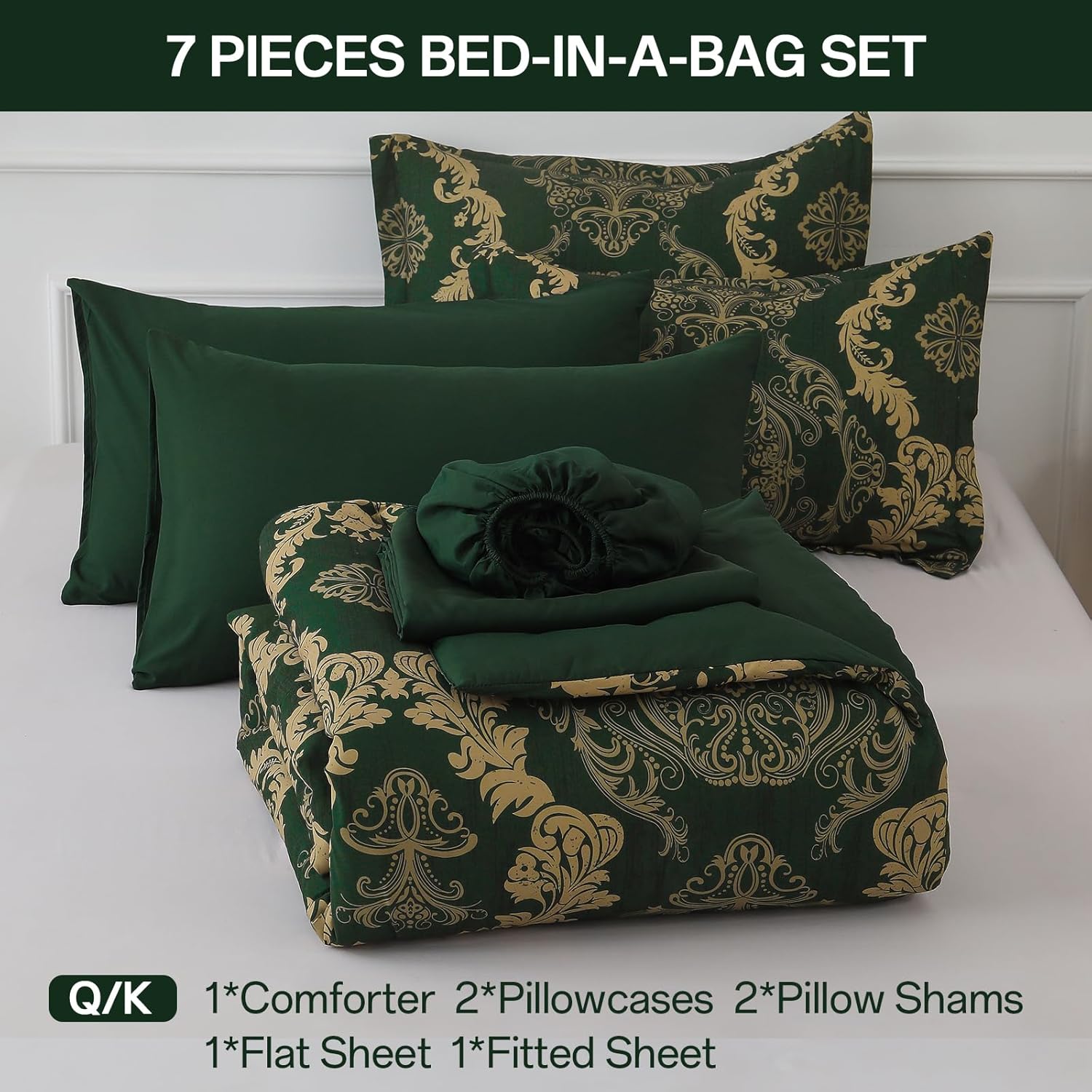 WONGS BEDDING Green Damask King Size Comforter Set, 7 Piece Texture Microfiber Comforter Bedding Set for All Season, Bed in a Bag with Comforter, Flat Sheet, Fitted Sheet, Pillowcases & Shams - Image 7