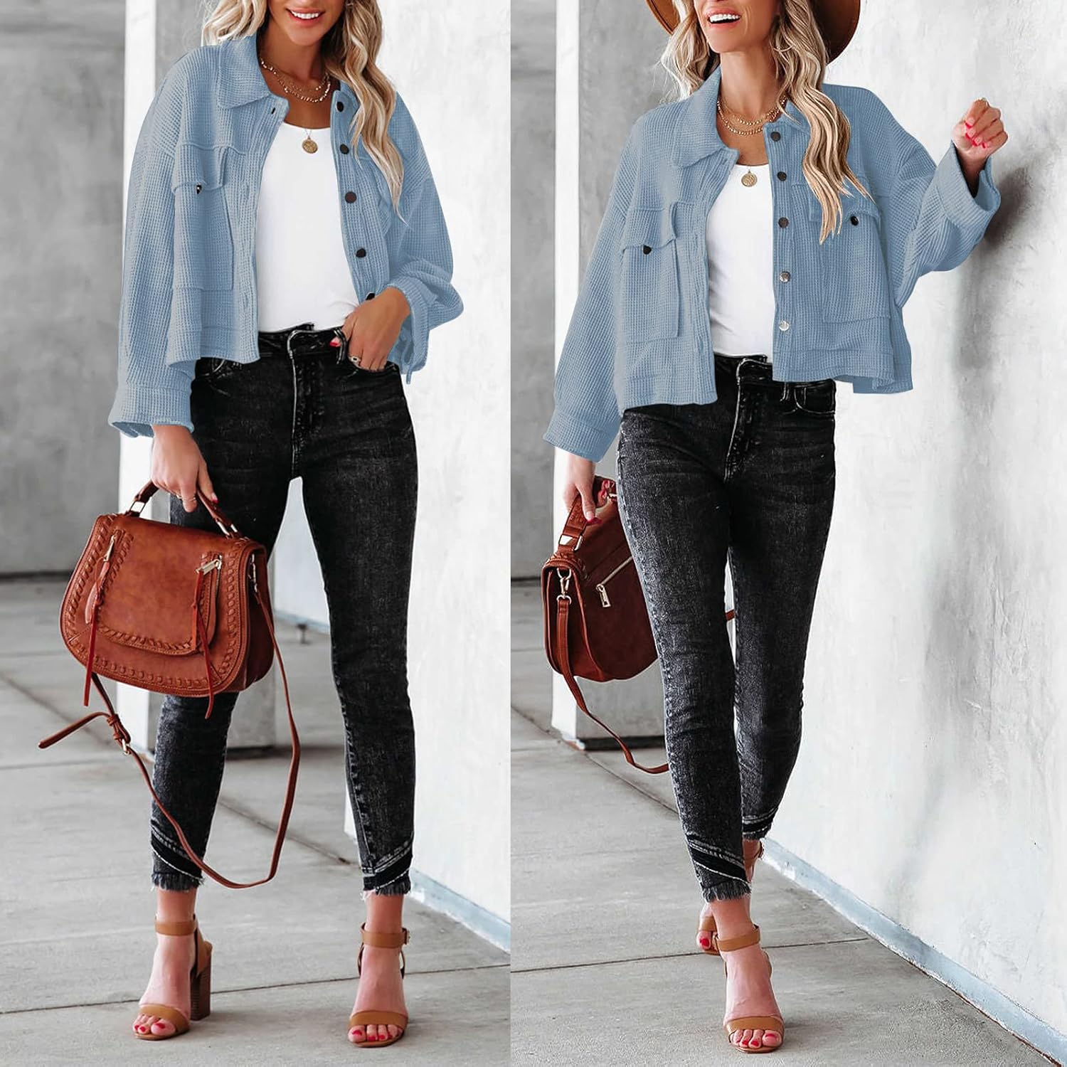 BZB Womens Waffle Knit Shacket Jackets Lightweight Cropped Shacket Long Sleeve Button Down Shirts - Image 2