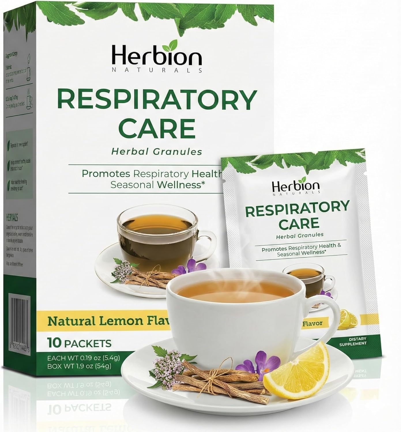 HERBION Naturals Respiratory Care Herbal Granules, Natural Lemon Flavor, Soothing Hot Drink, Promotes Respiratory Health & Seasonal Wellness, 40 Count, (Pack of 4)