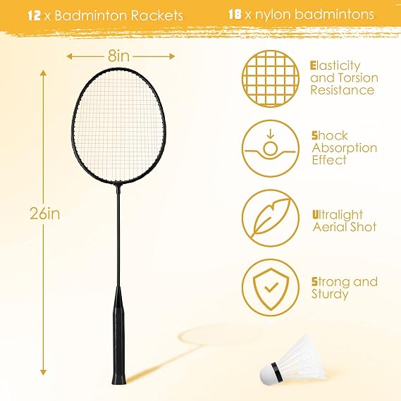 Wettarn 12 Pcs Badminton Rackets Bulk with 18 Nylon Badmintons, Shuttle Set for Beginners Advanced Player Backyard Gym Beach Outdoor