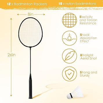 Wettarn 12 Pcs Badminton Rackets Bulk with 18 Nylon Badmintons, Shuttle Set for Beginners Advanced Player Backyard Gym Beach Outdoor