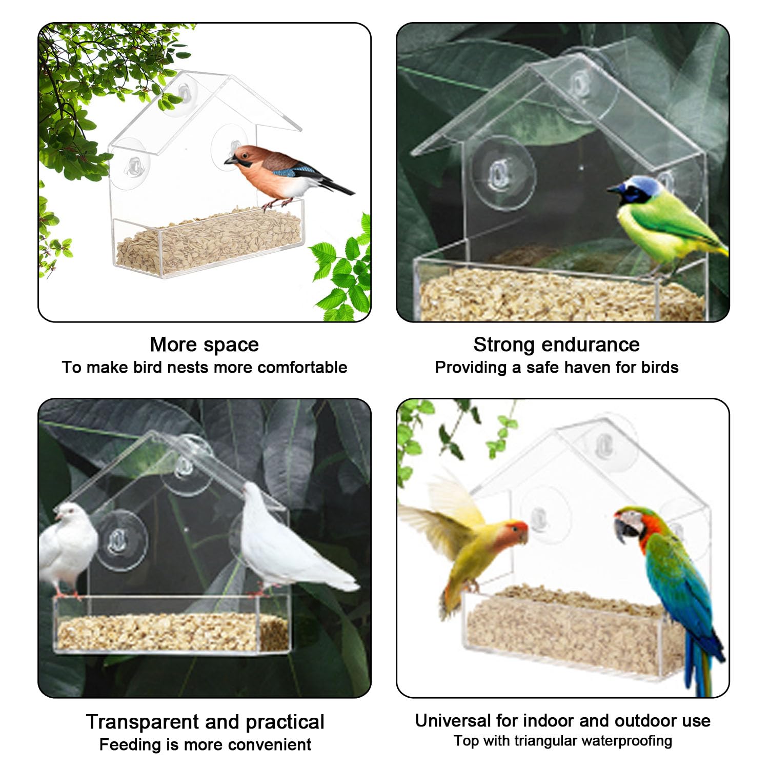 WUBAYI Clear Acrylic Bird Feeder - House Shape Design with 4 Suction Cups for Window Garden, Outdoor, Backyard, Little Birds - Image 4