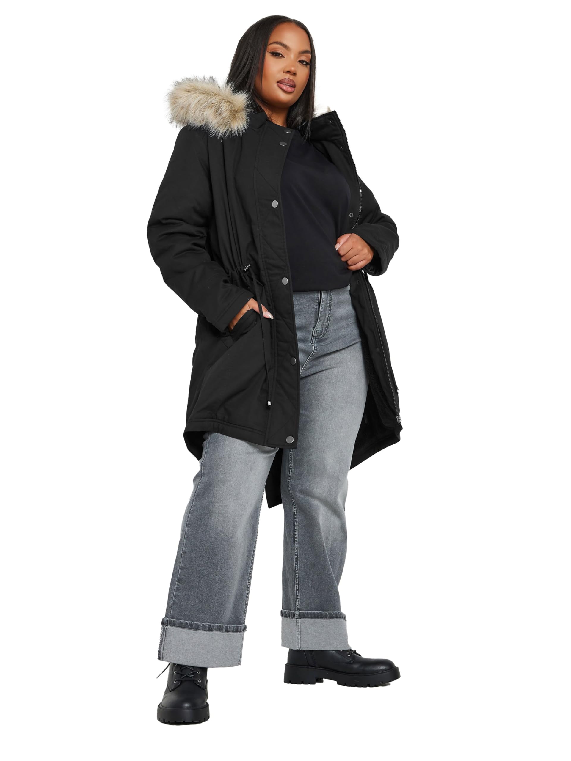 Yours Women's Black Curve Faux Fur Trim Parka Coat - Plus Size Curve