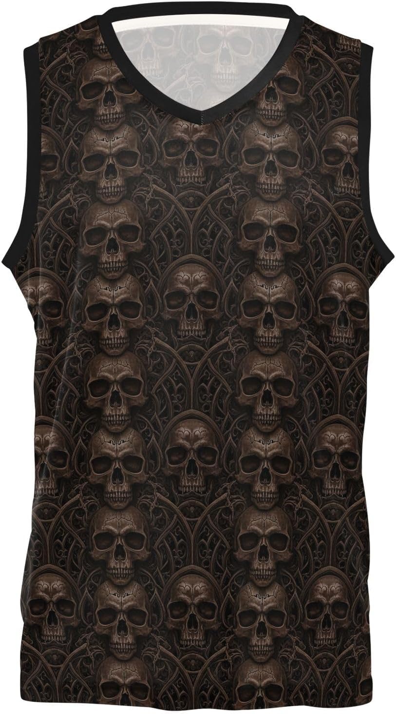 Men's Basketball Jersey Comfy Jersey Shirts for Men and Women Uniform Gifts Black Gothic Skull Pattern Brown