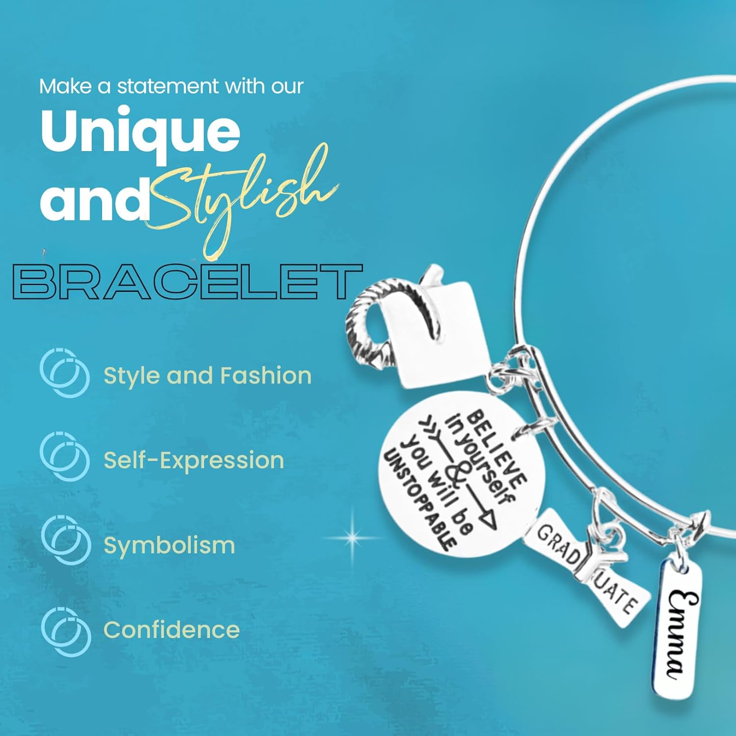 Infinity Collection 2026 Graduation Bangle Bracelet for Her, Personalized with Engraved Believe In Yourself Charm, Stainless Steel Jewelry for Graduates