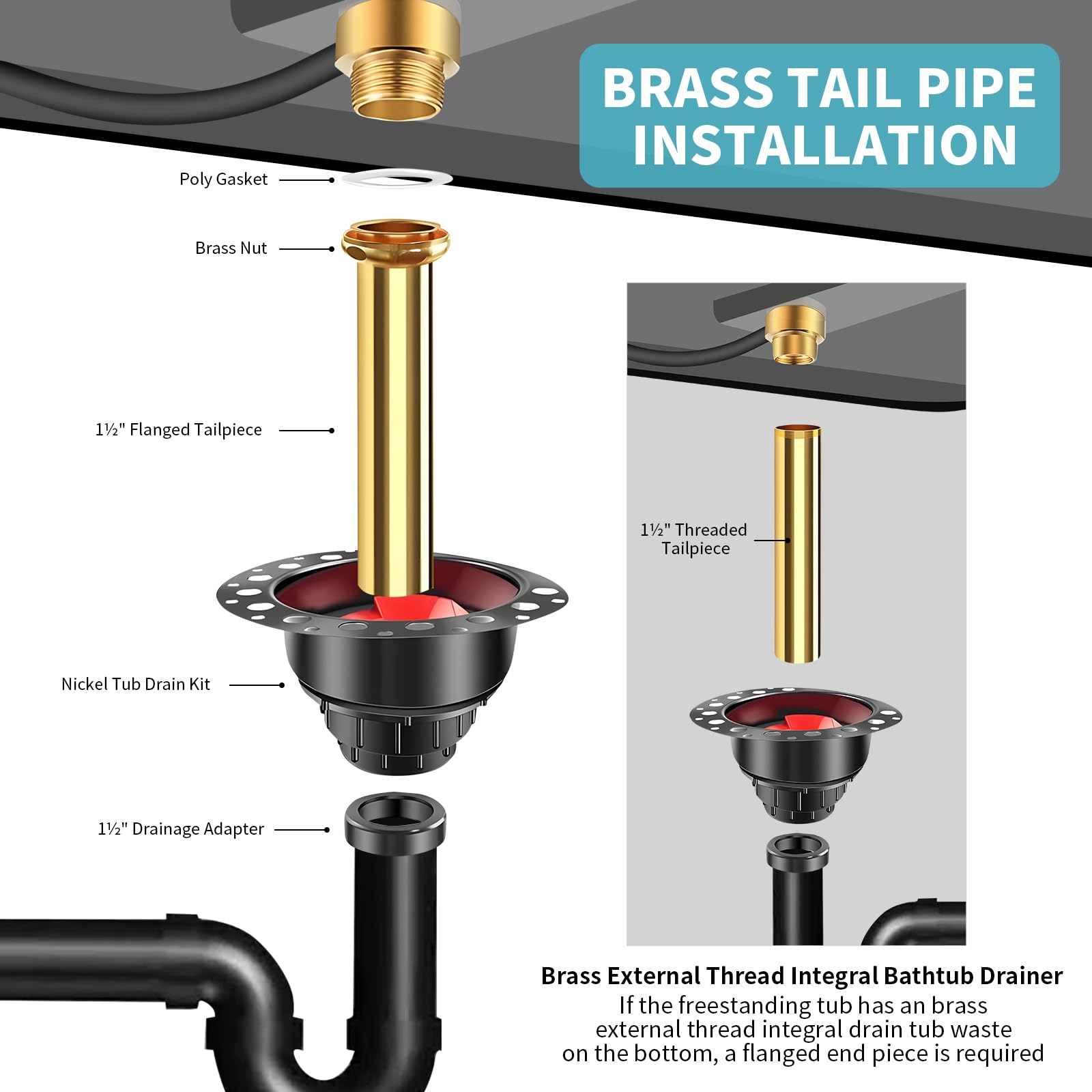Freestanding Tub Bathtub Drain Kit, PVC Adapter And Brass Tail Pipes - View #11