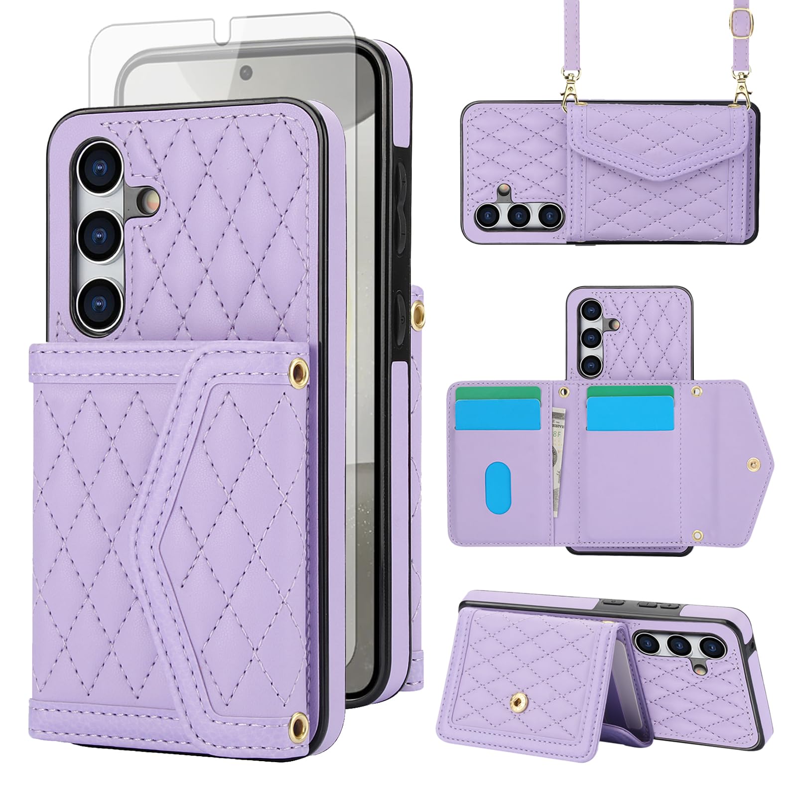 Asuwish Phone Case for Samsung Galaxy S24 Plus S24+ 5G Wallet Cell Cover with Tempered Glass Screen Protector RFID Blocking Credit Card Holder