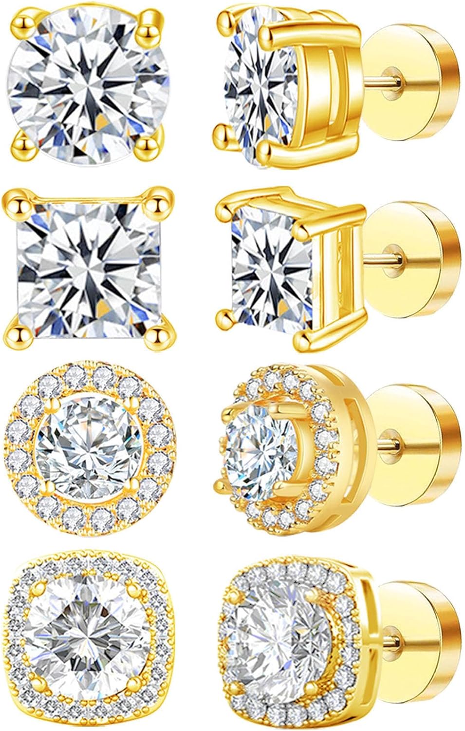 NEWITIN 4 Pairs Stainless Steel Stud Earrings for Men Hypoallergenic Earring Flatback Earring Screw Back Silver Gold Studs Inlaid Cubic Zirconia Stud Earrings for Women Men