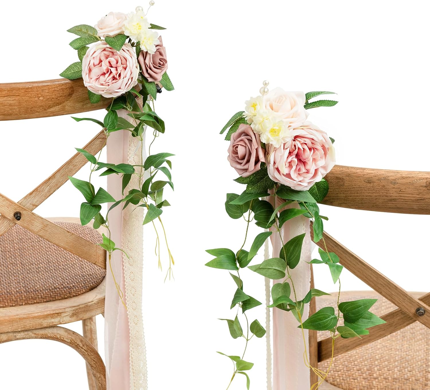 Ling's Moment 8pcs Wedding Artificial Aisle Pew Flowers Chair Decorations Arrangements with Chiffon Ribbons Dusty Rose Cream for Ceremony Chair Back Floral Decor Reception Church Party Outdoor Pk- Dusty Rose & Cream