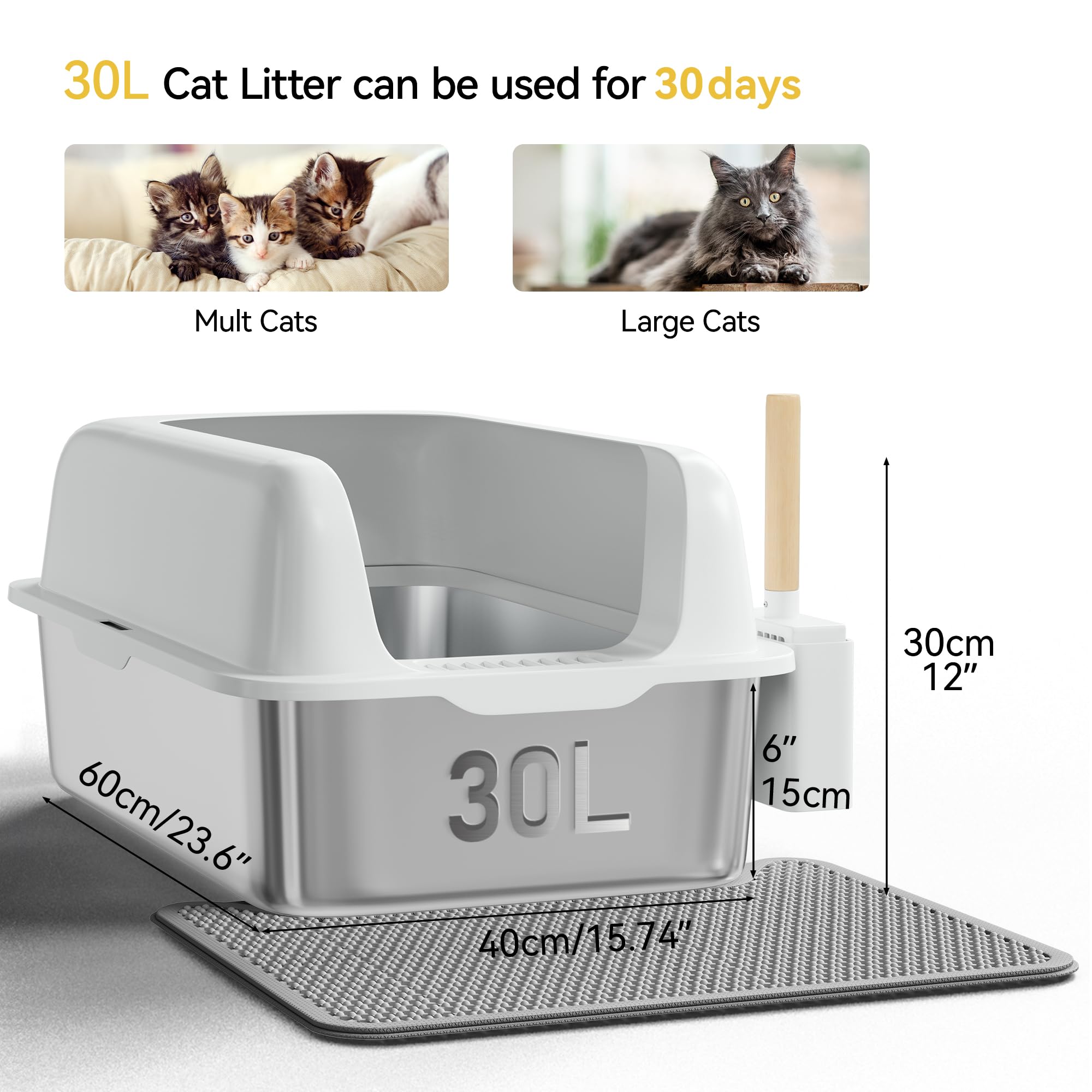 YITAHOME Edelstahl-Katzentoilette mit Deckel, XXL Extra Großes Katzenklo mit Schaufel – Rutschfester Boden, Auslaufsicher, Antihaft-Oberfläche, Leicht zu Reinigen, 60x40x30 für Katzen (Grau)