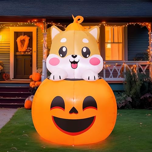 COMIN 5FT Halloween Inflatables Dog Lie on Pumpkin Blow Up