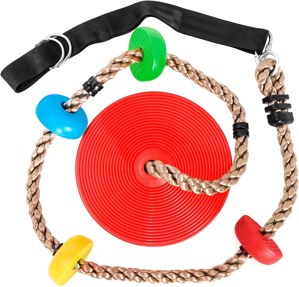 Climbing Rope Tree Swing with Multicolor Platforms and Disc Swing Seat Set 6.5ft Outdoor Playground Accessories Playset Including Hanging Strap & Carabiner(Red)