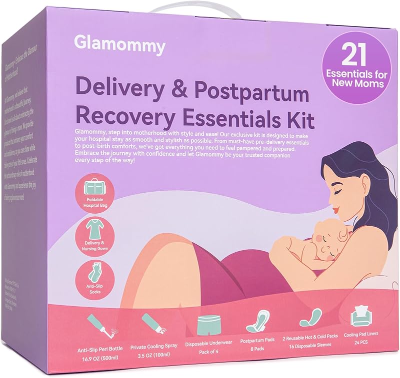 Upgraded Postpartum Recovery Essentials Kit for Labor & Delivery | Includes nursing gown, luggage bags, socks, peri bottle, cooling spray, underwear, pads, hot cold packs & cooling liners