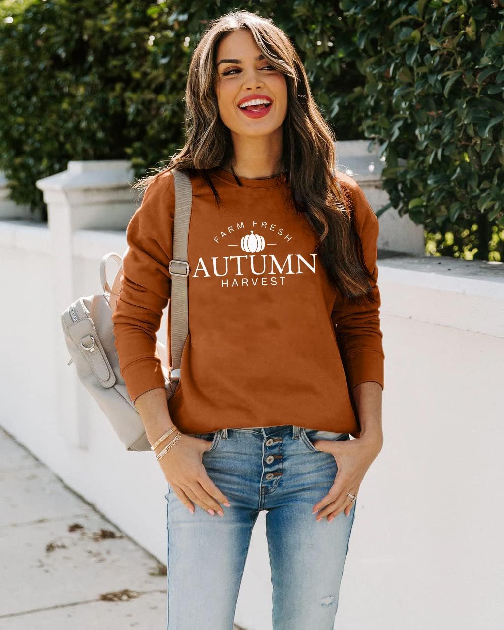 TAOHONG Fall Sweatshirt for Women Farm Fresh Autumn Harvest Sweatshirt Funny Pumpkin Long Sleeve Pullover Top Blouse - Image 2