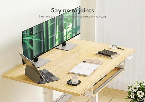 Miniatura 5 de Escritorio eléctrico de bambú de pie, escritorio ajustable de 55 x 24 pulgadas con bandeja para teclado, escritorio de oficina en casa con tablero