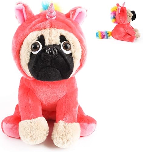Lindo perro de peluche Pug vestido de unicornio rosa intenso, juguete de peluche suave para cachorro con cuerno de chispa melena y cola de arcoíris,