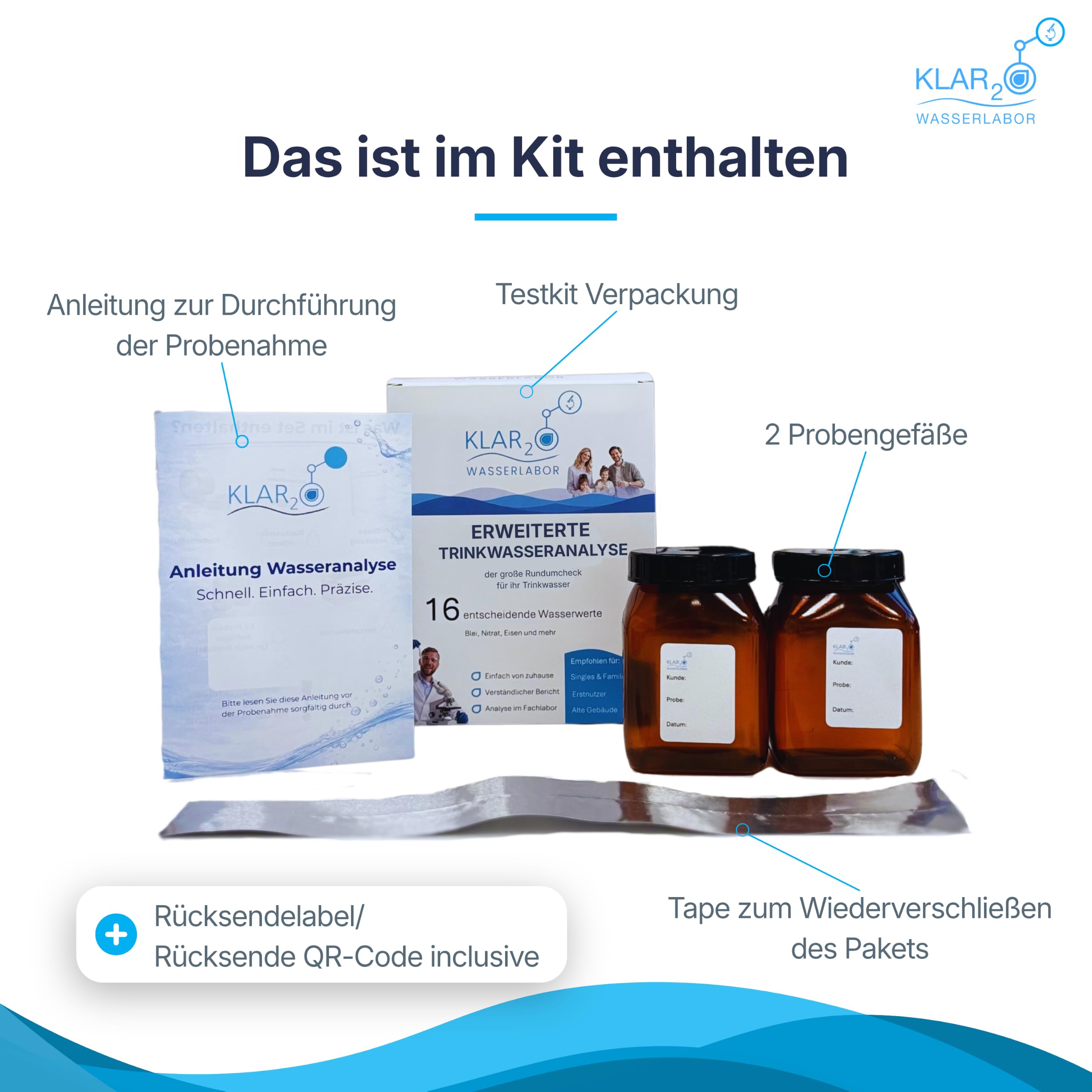Erweiterte Trinkwasseranalyse: Labor-Wassertest mit 16 Prüfwerten inkl. Blei, Nitrat, Eisen, pH-Wert & Wasserhärte für Leitungswasser