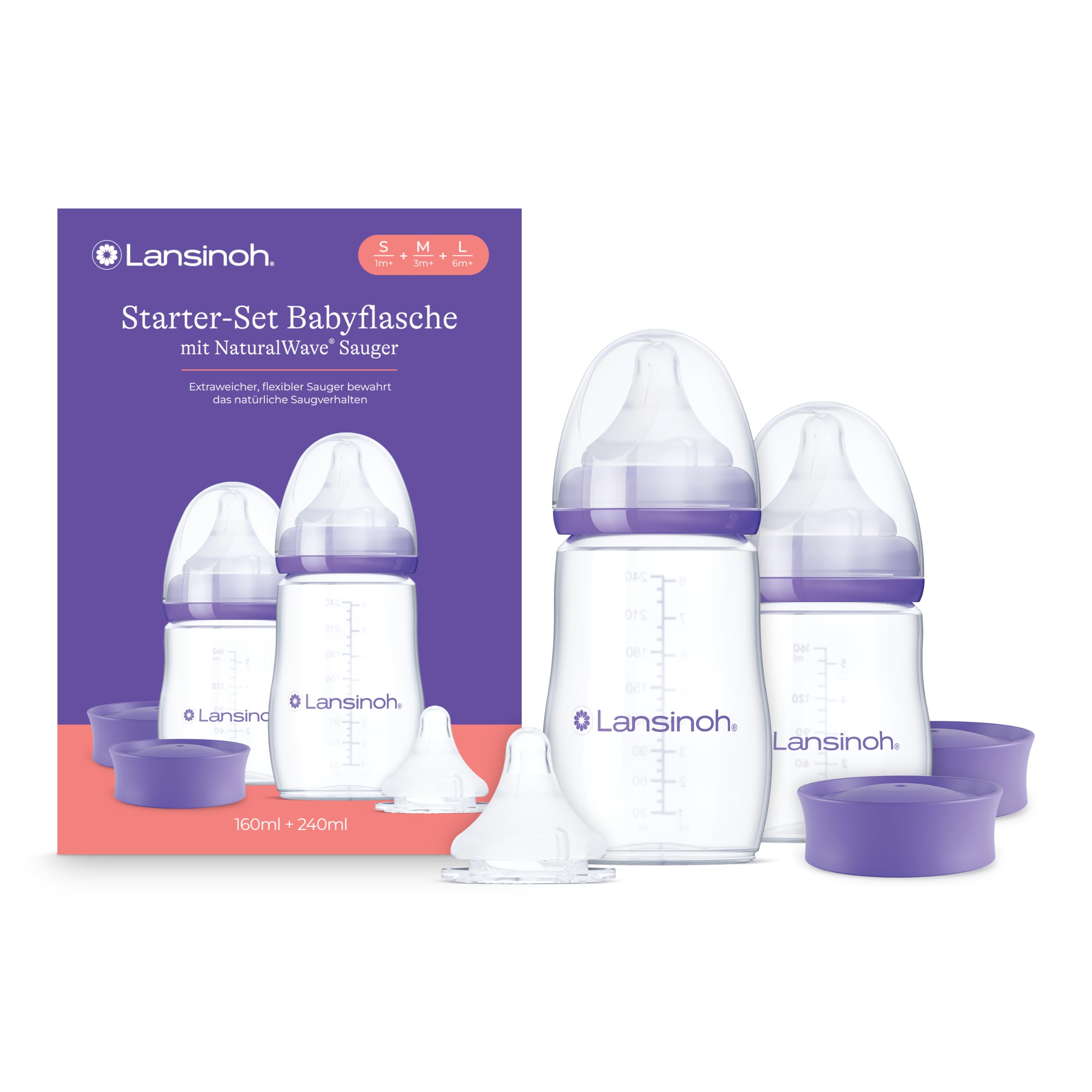 Lansinoh Babyflaschen Set mit NaturalWave Sauger S, M & L, 160 & 240 ml