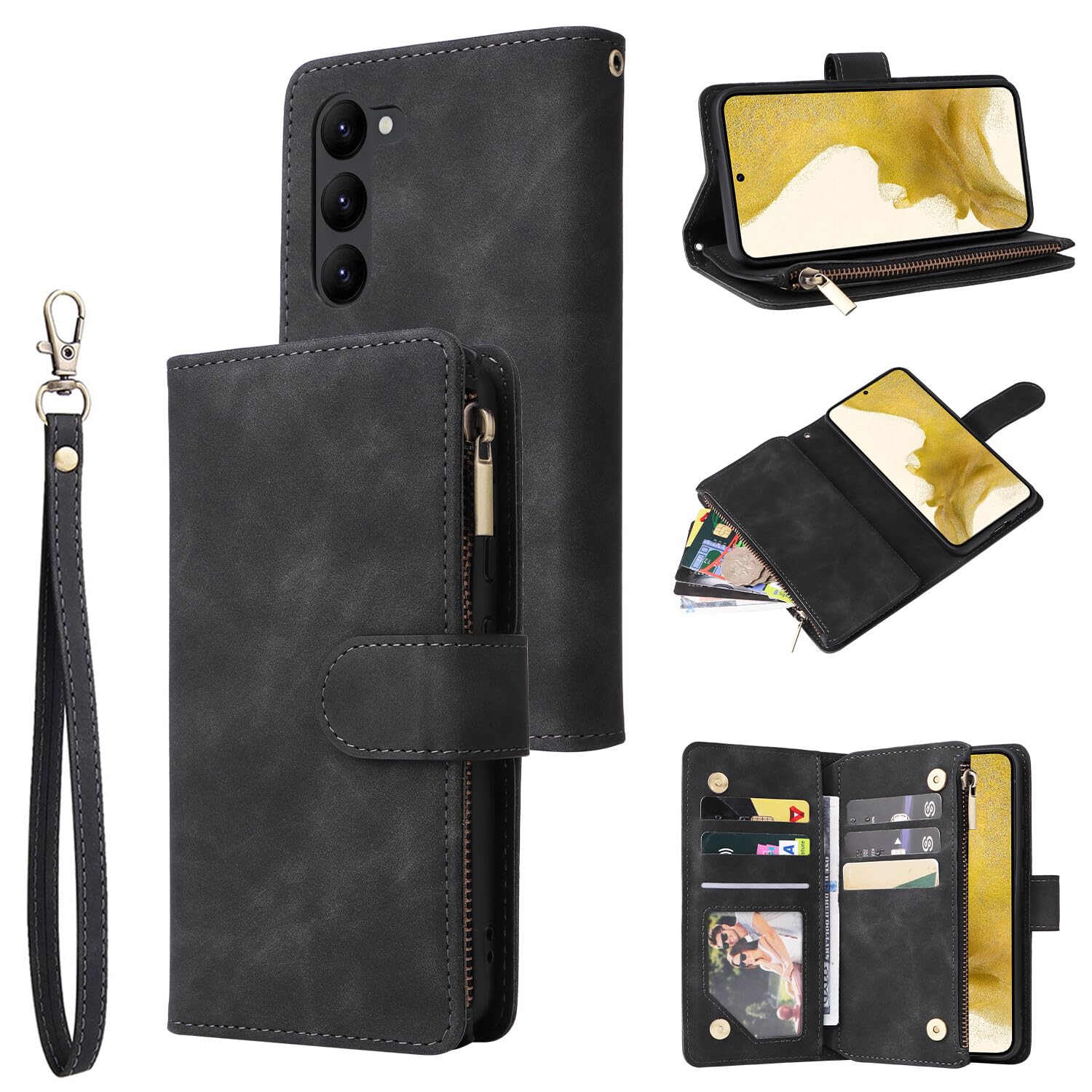Étui portefeuille Samsung S24 avec zip noir en cuir à rabat - 8