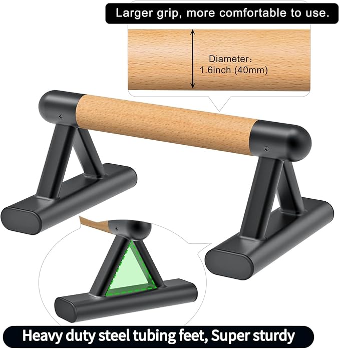 Experience a comprehensive workout with our push-up bars, tailored to improve your abs, lats, and biceps engagement. The innovative Triangle Support Design allows for a variety of exercises, including Parallel grip push-ups, Straight bar push-ups, Reverse grip push-ups, Wide push-ups, Archer push-ups, Handstand, L-sit, and Straddle elbow lever, among others. With dimensions of 15 x 6 x 8 inches, these bars offer versatility and multiple angles for targeting different muscle groups, elevating your home exercise experience.