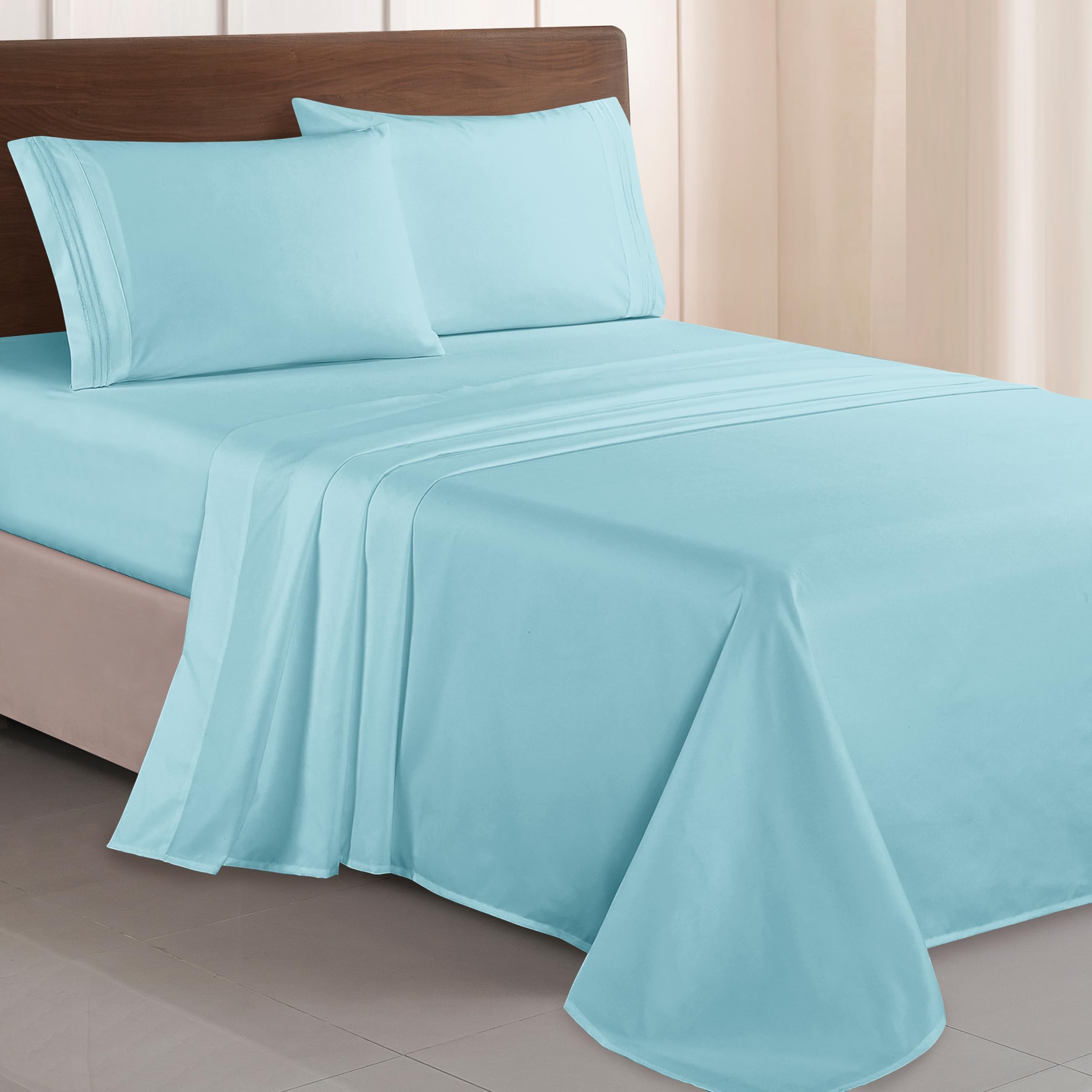 Elegant Comfort Luxurious 1500 Premium Hotel Quality Microfiber Three Line Embroidered Softest 4-Piece Bed Sheet Set, Wrinkle and Fade Resistant, Full, Aqua Blue
