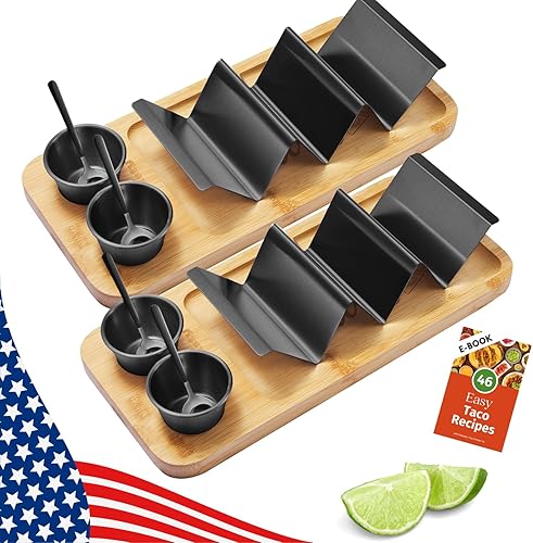 HolaTasty - Kit de soporte para tacos, paquete de 2 (paquete económico), juego de tacos 3 en 1 de 2 a 6 ranuras para tacos, plato negro para tacos