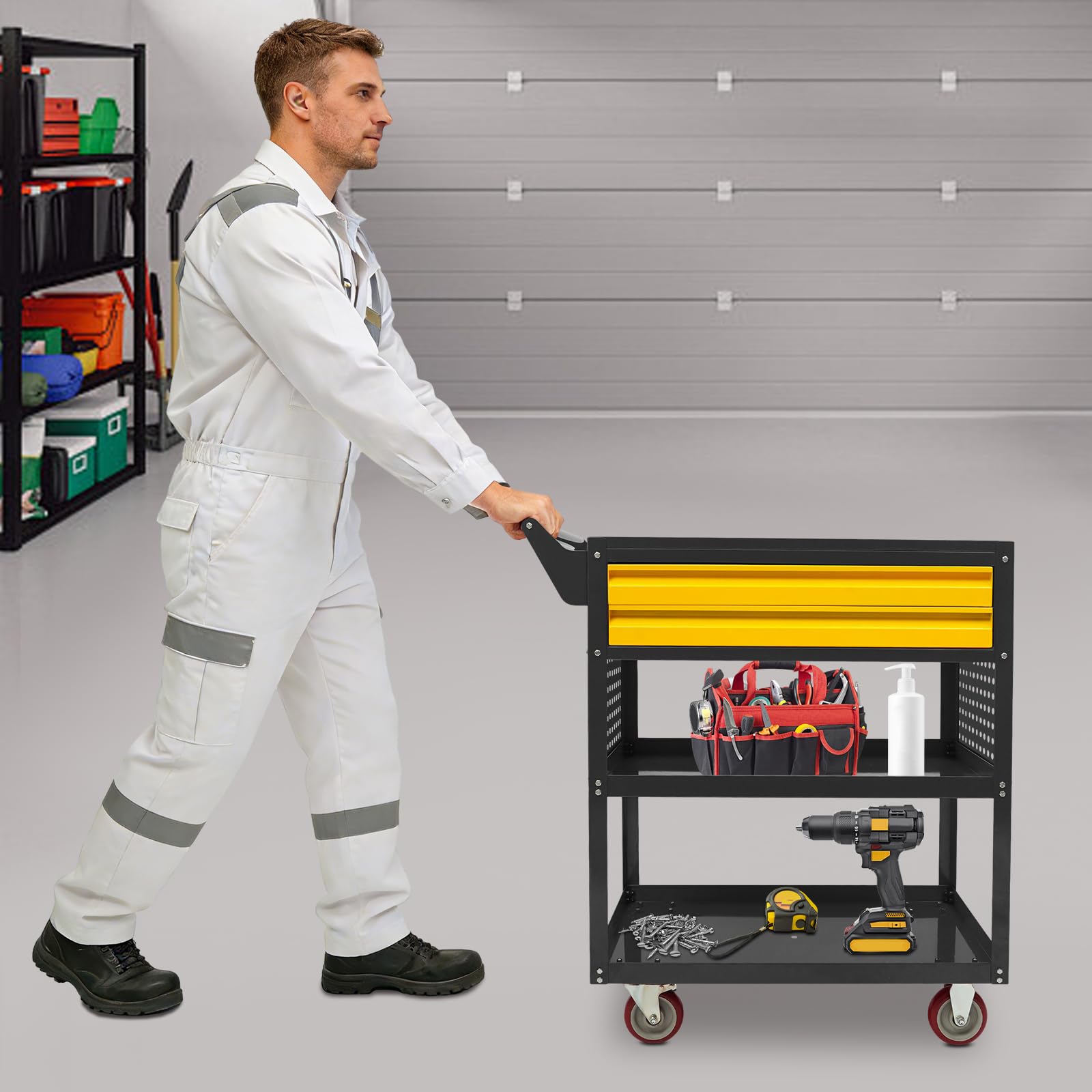 Carrello da officina, carrello da officina con scomparti per officina (nero) | Banco da lavoro mobile, carrello da officina, carrello per trasporto e stoccaggio, portata 181 kg, 79 x 45 x 96 cm