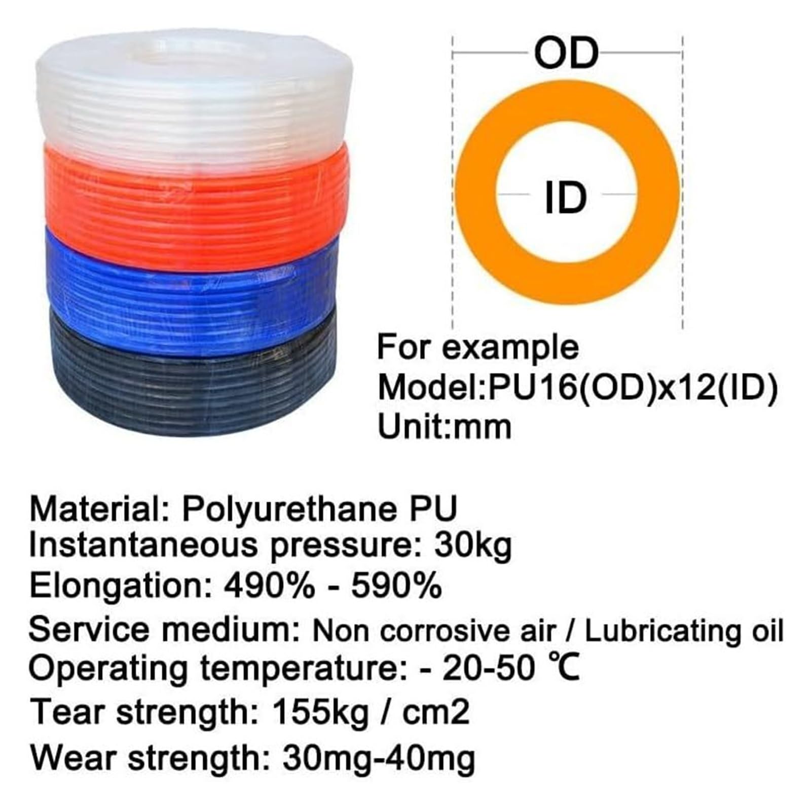 Manguera de aire de PU, manguera de compresor, mangueras flexibles de PU de goma, manguera de aire roja, tubo neumático de 12 mm y 14 mm for compresor, tubería de poliuretano.(Od 10xid 6.5mm,20meter)
