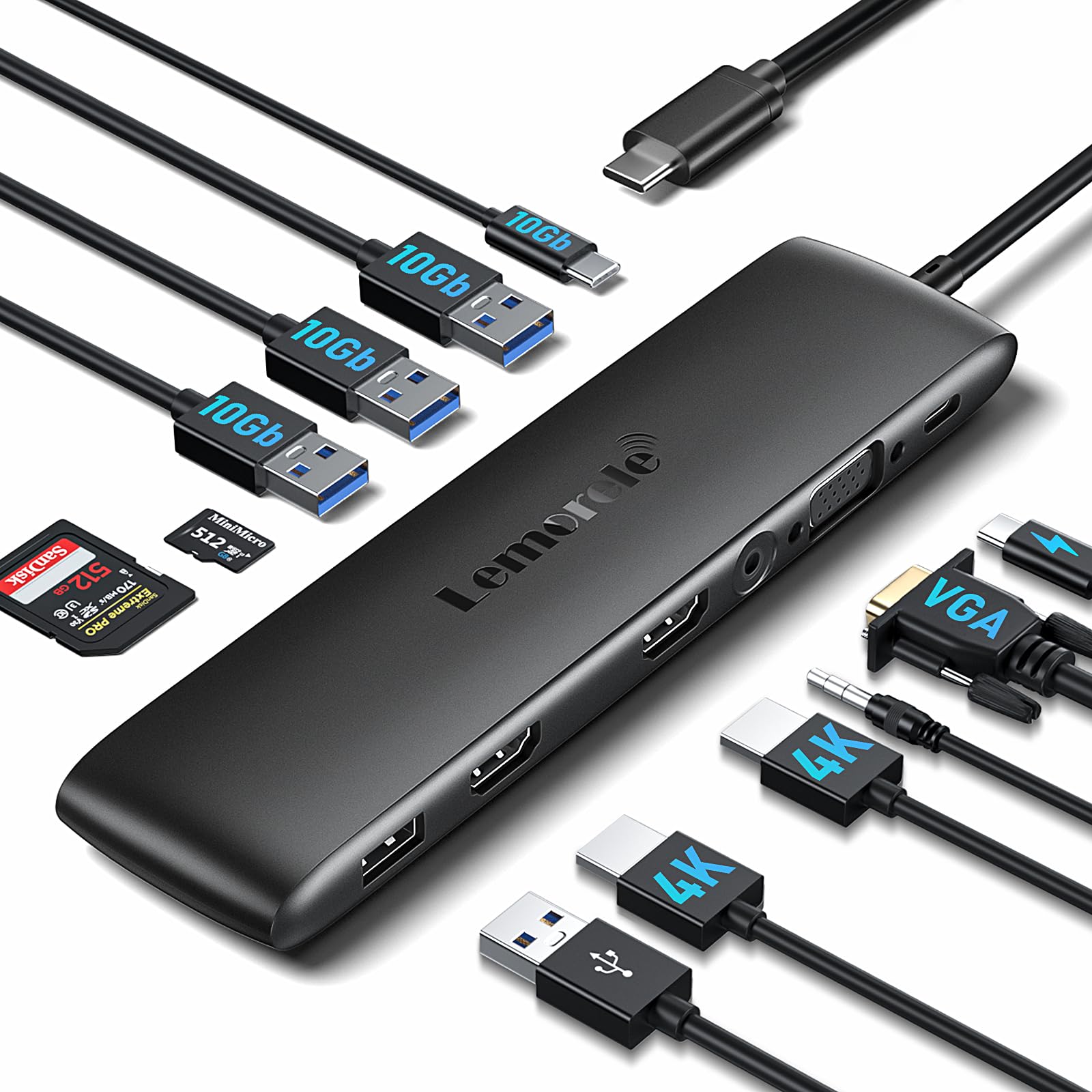 Lemorele 12-in-1 USB-C Hub Docking Station Supports Dual/Triple Display Connection Via 2×HDMI + VGA, 3×USB-A 3.2 Gen1, 100W PD Charging, SD/TF Card Slot, Suitable for Lenovo, Surface, MacBook Laptops-image-45
