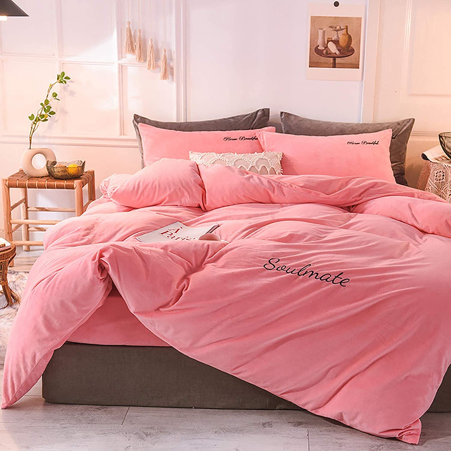 MGEMJMJ Solid Color Winter Warm Comforter Cover With Zipper Closure,Velvet Duvet Cover,Soft Reversible Flannel Quilt Cover(Size:200x230cm(79x91inch),Color:A)