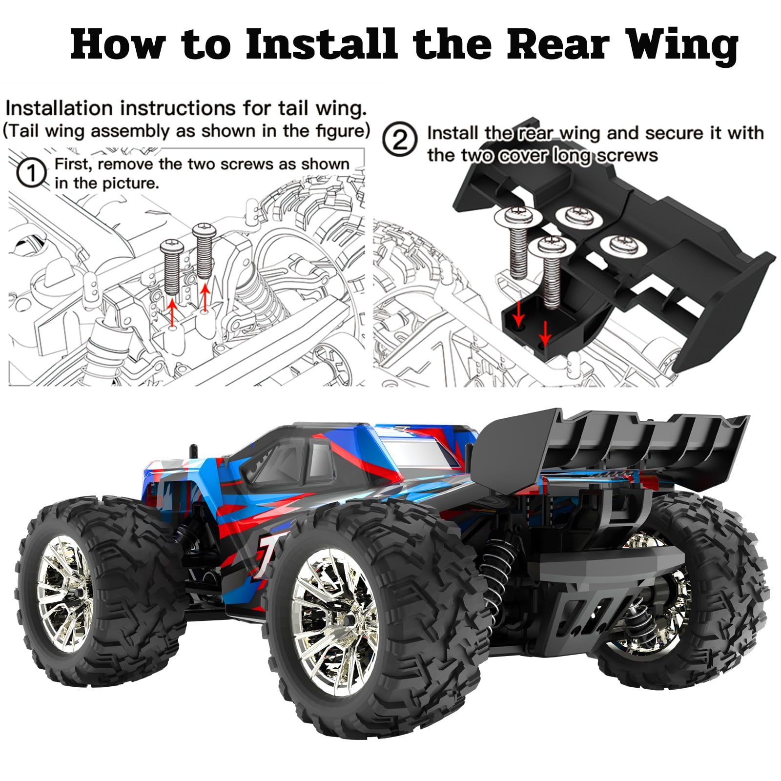 Voiture Télécommandée 40 KM/H, Rapide Monster Truck Télécommandé 4WD Échelle 1:16 pour Adultes, Voiture RC Tout Terrain 4x4 avec 2 Batteries, pour Enfants Garçon