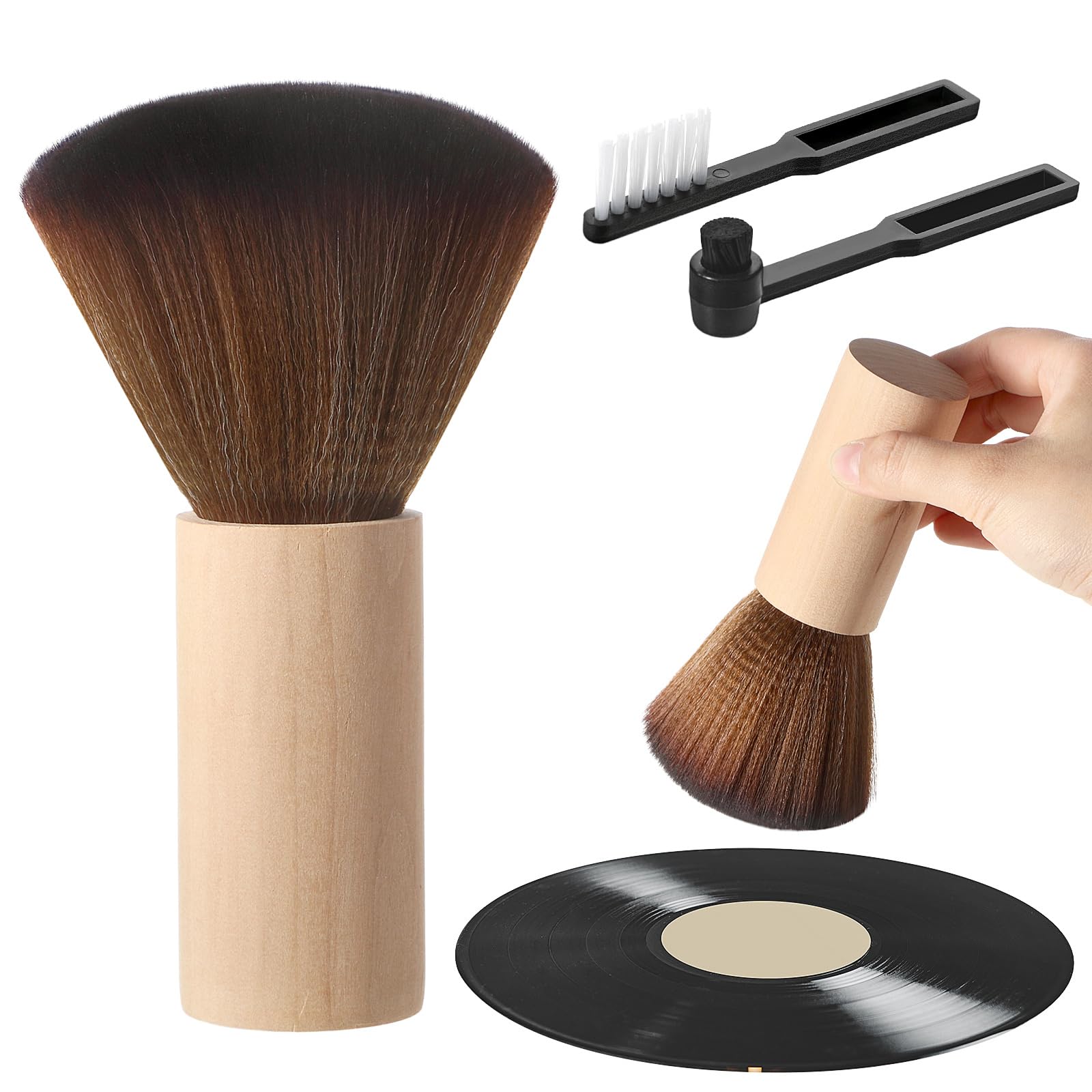 Ziliny 3 Pcs Vinyl Record Cleaning Brush Wooden Anti Static Dust Record Cleaner Brush Vinyl Brush Record Gap Cleaning Brush for Record Player Album Accessories(Light Wood Color)
