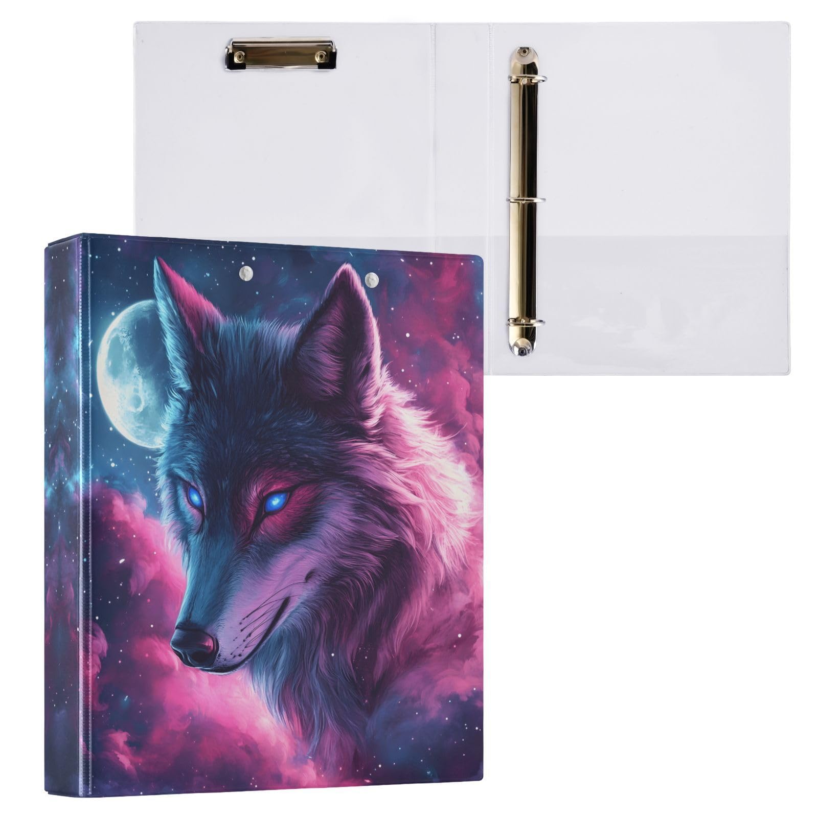 Confezione da 2 raccoglitori a 3 anelli, con lupo, galassia, stella, luna, 3,8 cm, con 3 tasche trasparenti, portablocco e contiene 200 fogli, per ufficio, scuola, organizzazione domestica