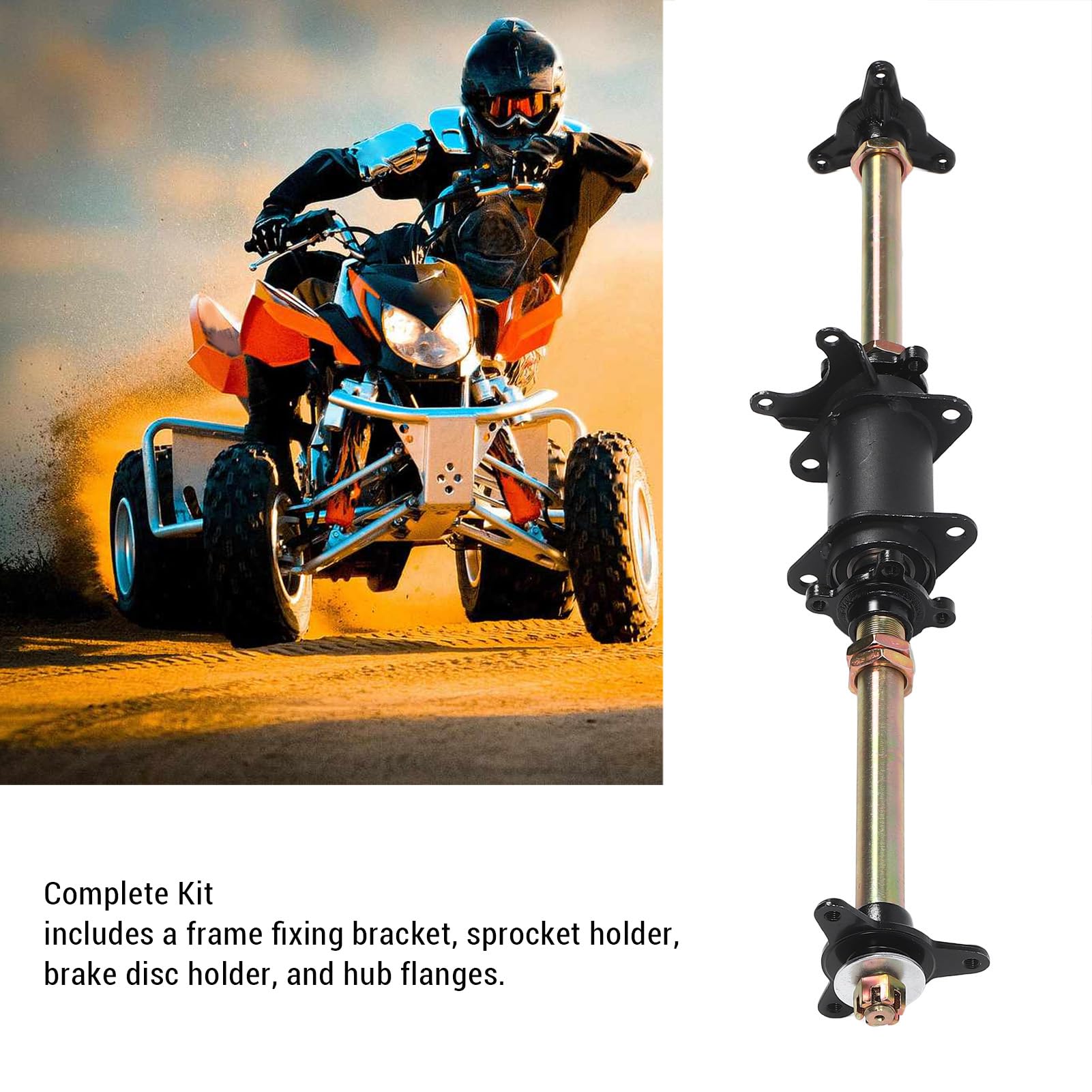 Sorandy Kit Completo del Eje Trasero para ATV, GO Kart, Quad, Axle PowerSports de 710 Mm, Aleación de Acero Galvanizada con Soporte de Fijación, GO Kart Drive Herramientas
