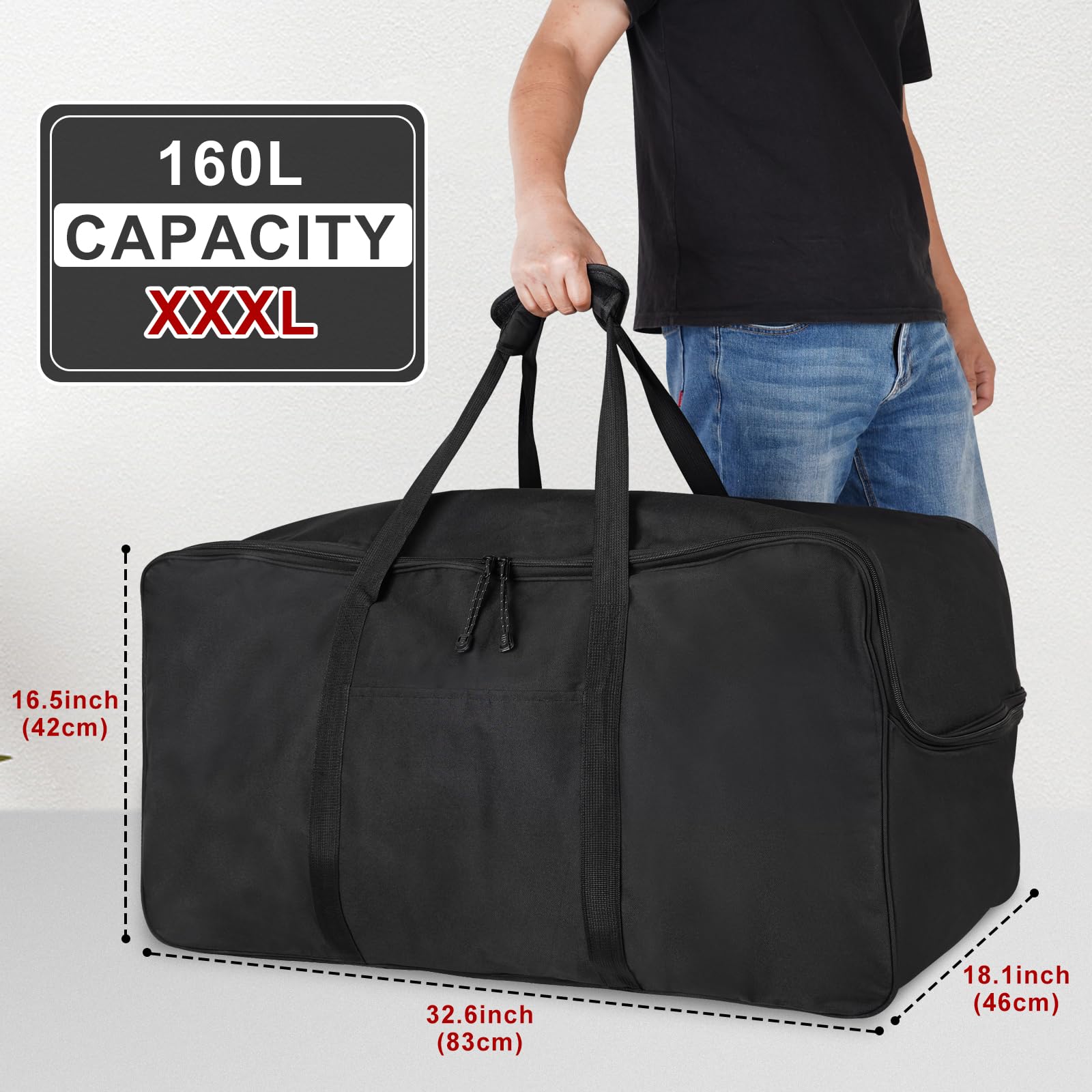 Bardzo duża torba marynarska, 160 l, wytrzymała torba sportowa, duży rozmiar, czarna, 80 cm, czarna, Czarny, 32.6 Inch, Wszystkie czarne