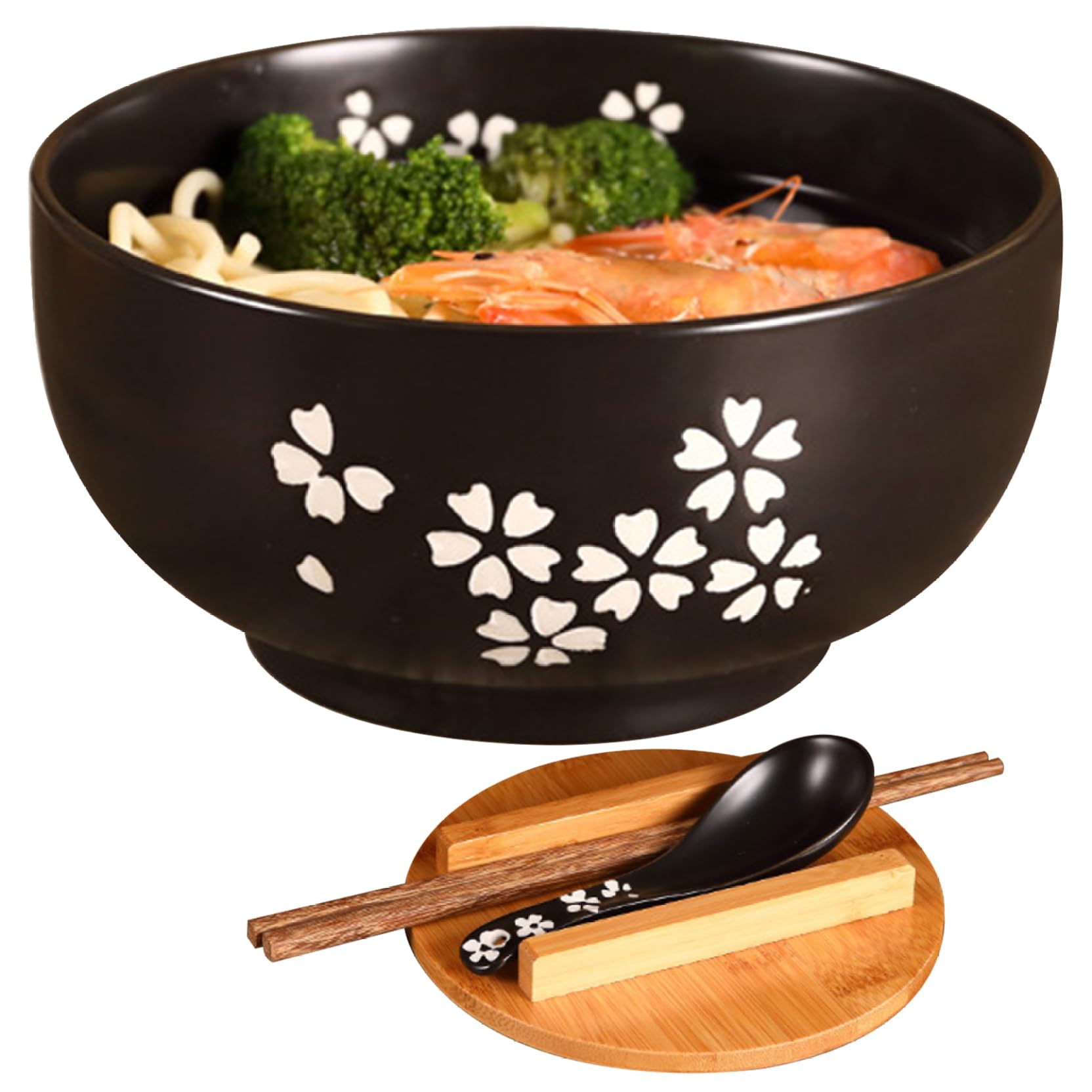 Wedhapy Ramen Bowl Ramen Bowl Set 1000ml Japanese Ceramic Floral Print Noodle Bowls with Lid, Spoon and Chopsticks Microwavable Dishwasher Safe Noodles