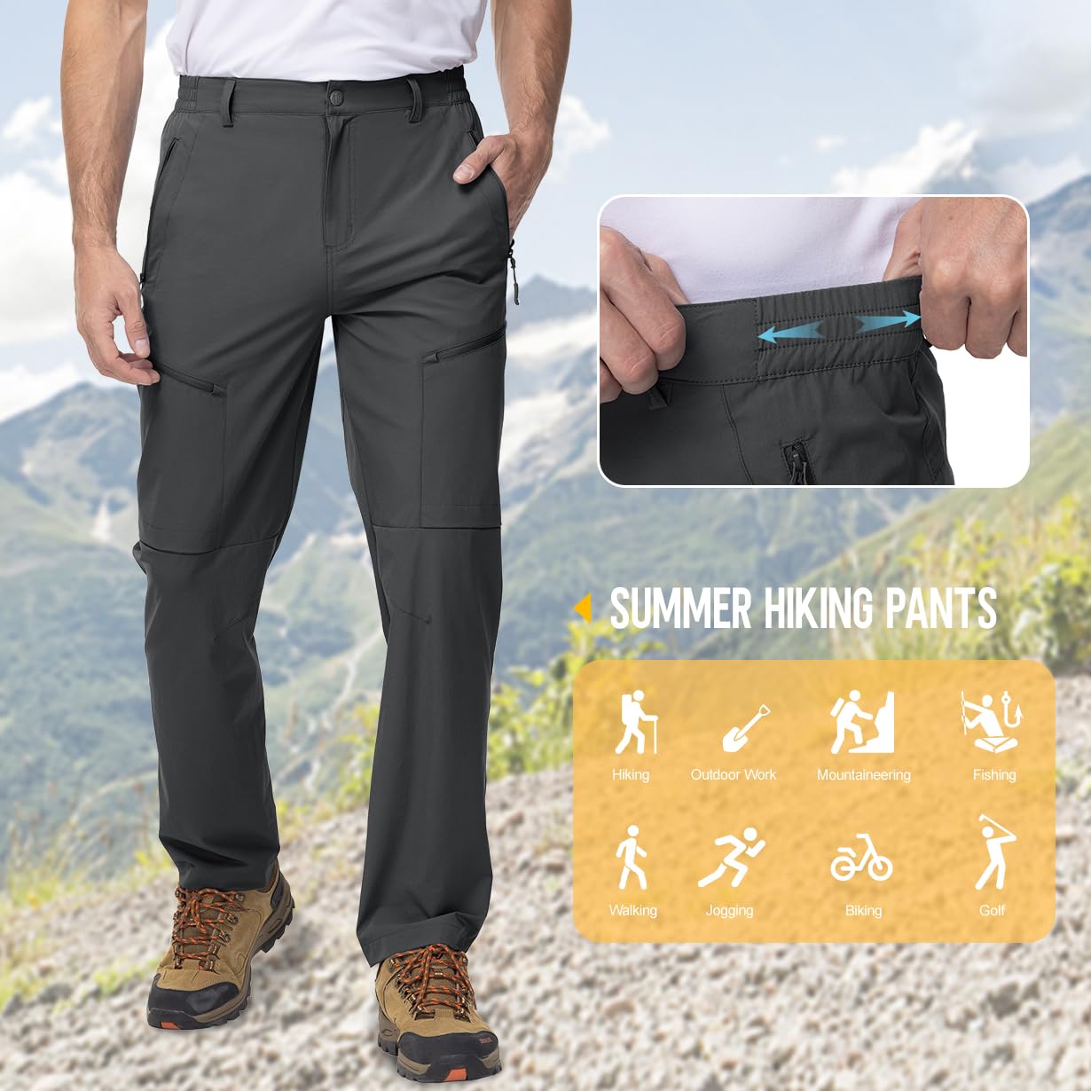 Rdruko Pantaloni da uomo leggeri per attività all'aria aperta, con elastico in vita, ad asciugatura rapida, idrorepellenti, elasticizzati, per escursionismo, viaggi, passeggiate, lavoro, campeggio,